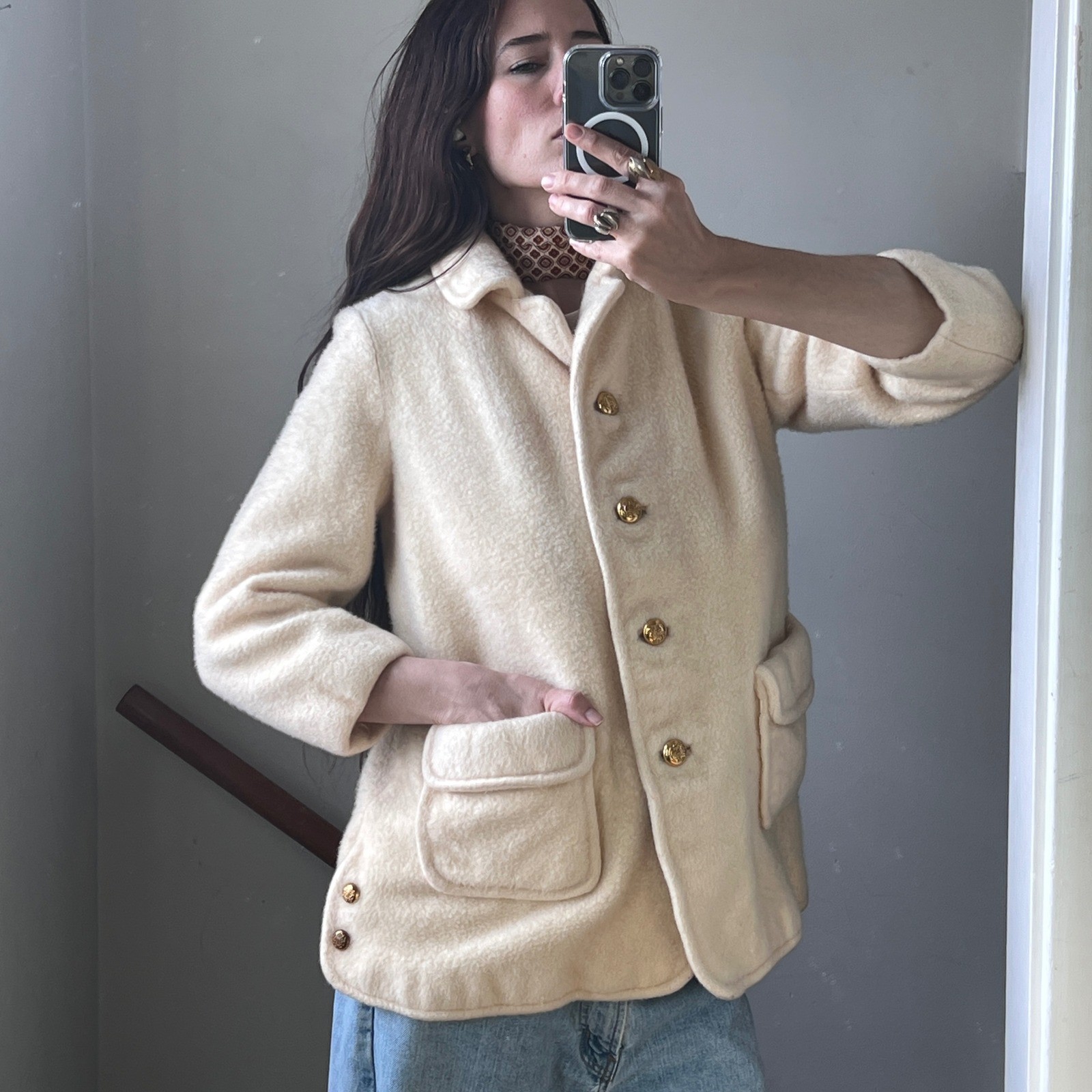 Vintage Wool Mohair Coat Cream Gold Button Textured Fuzzy Mod MCM Glam