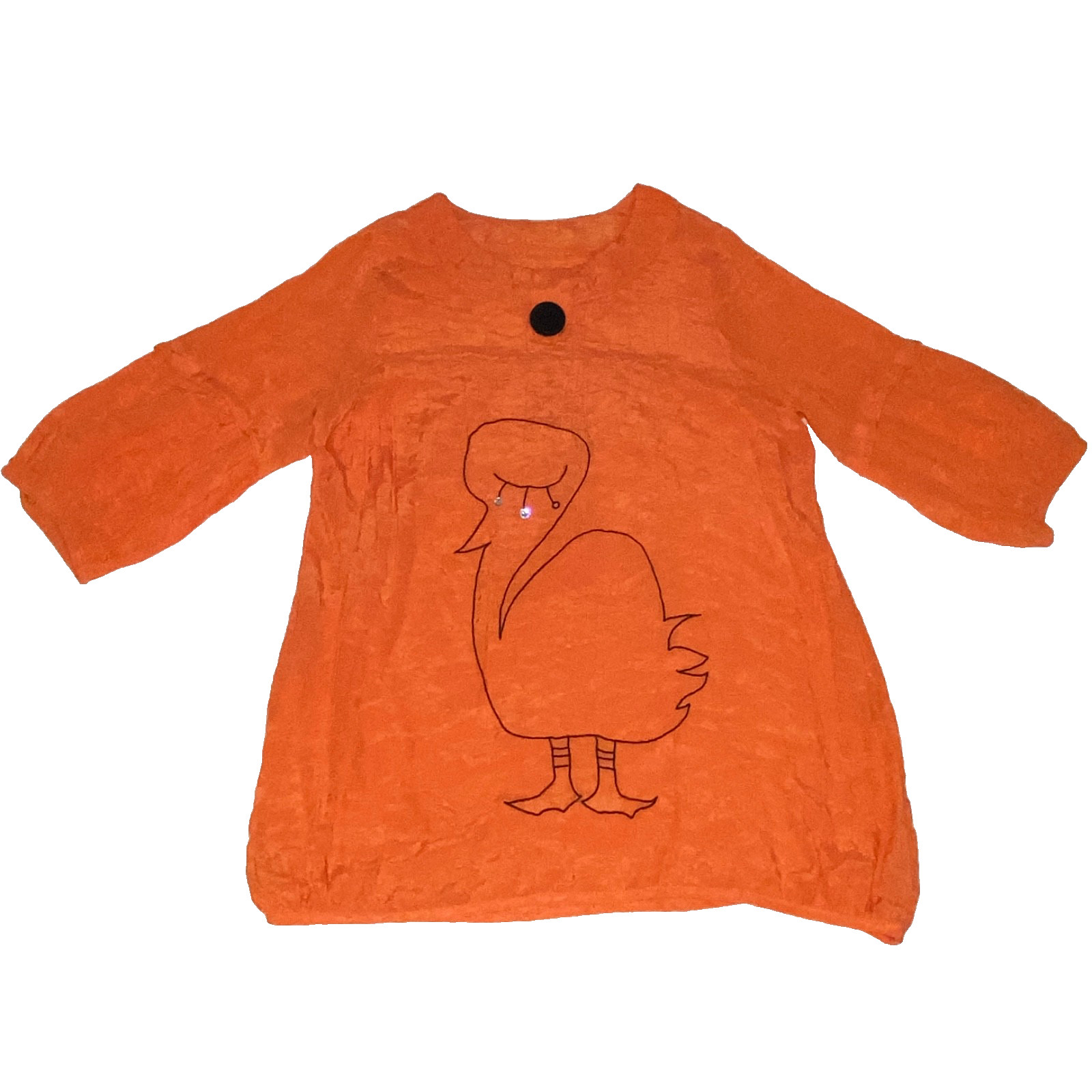 Vtg Artsy Blouse Large Orange Top Whimsical Bird Crystals Gauzy Rayon Korean m