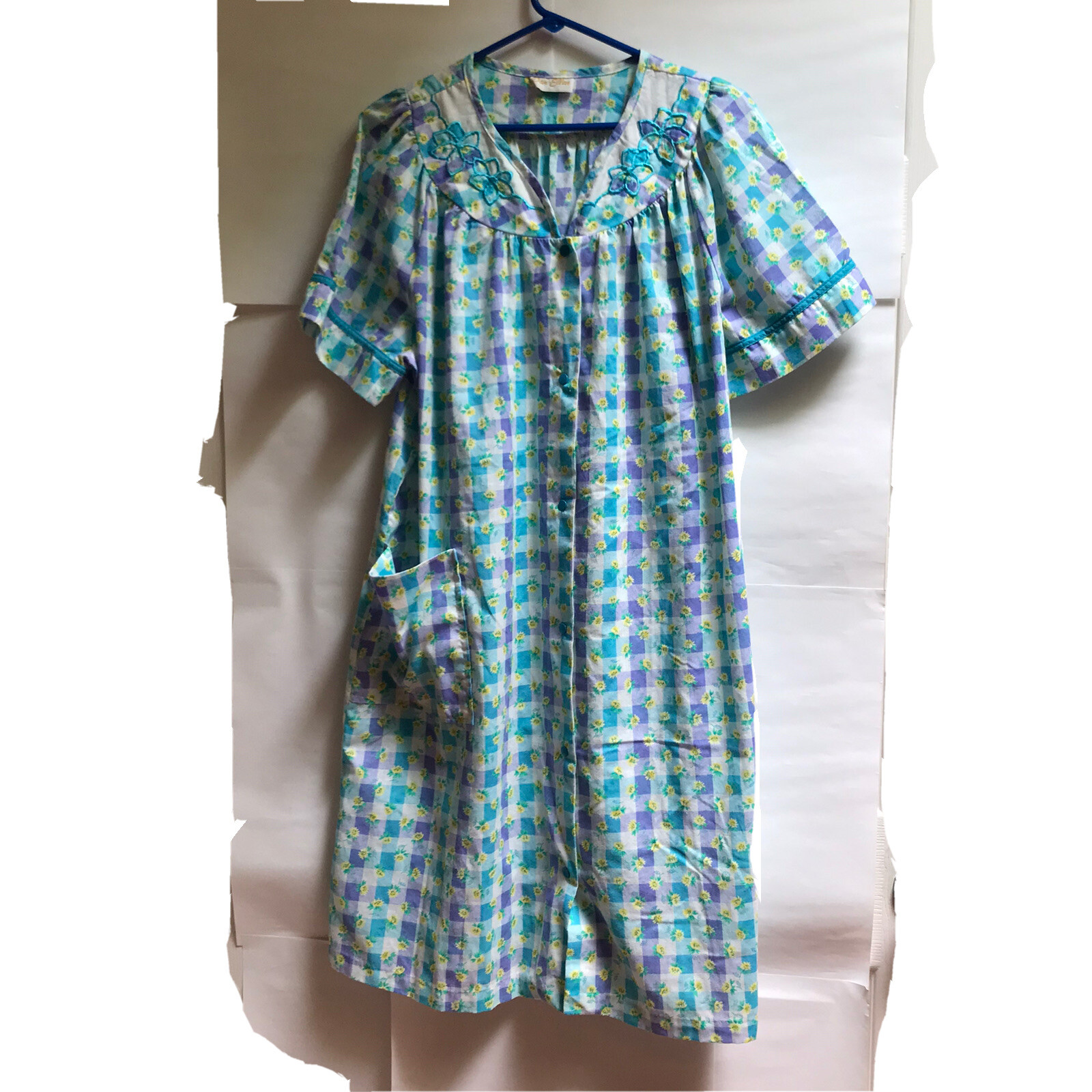 Vintage Dan Ellen House Coat Checkered Purple Blue White Yellow Flowers S-M