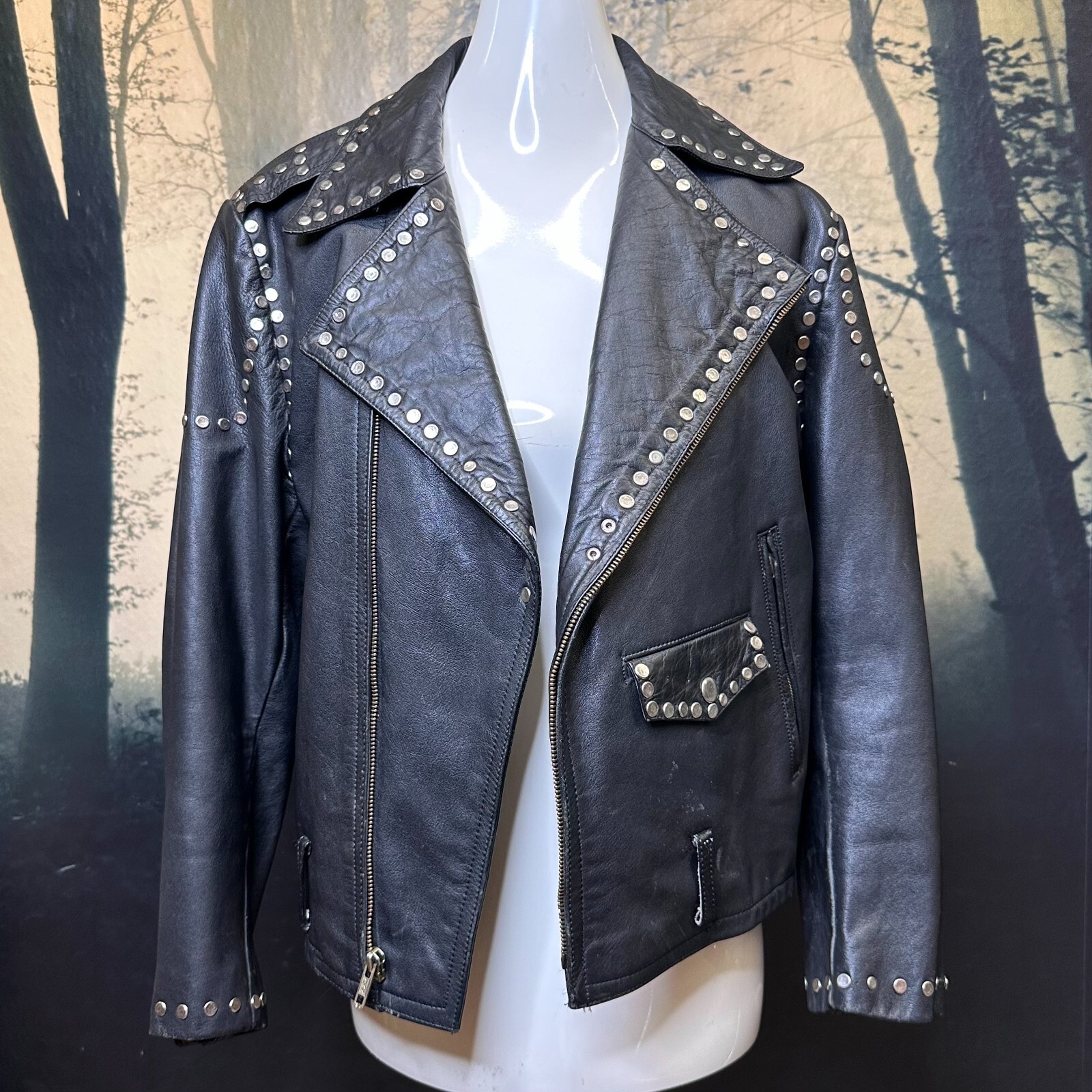 Vintage Leather Motorcycle Jacket 90s Black Studded Biker Punk Coat L/XL