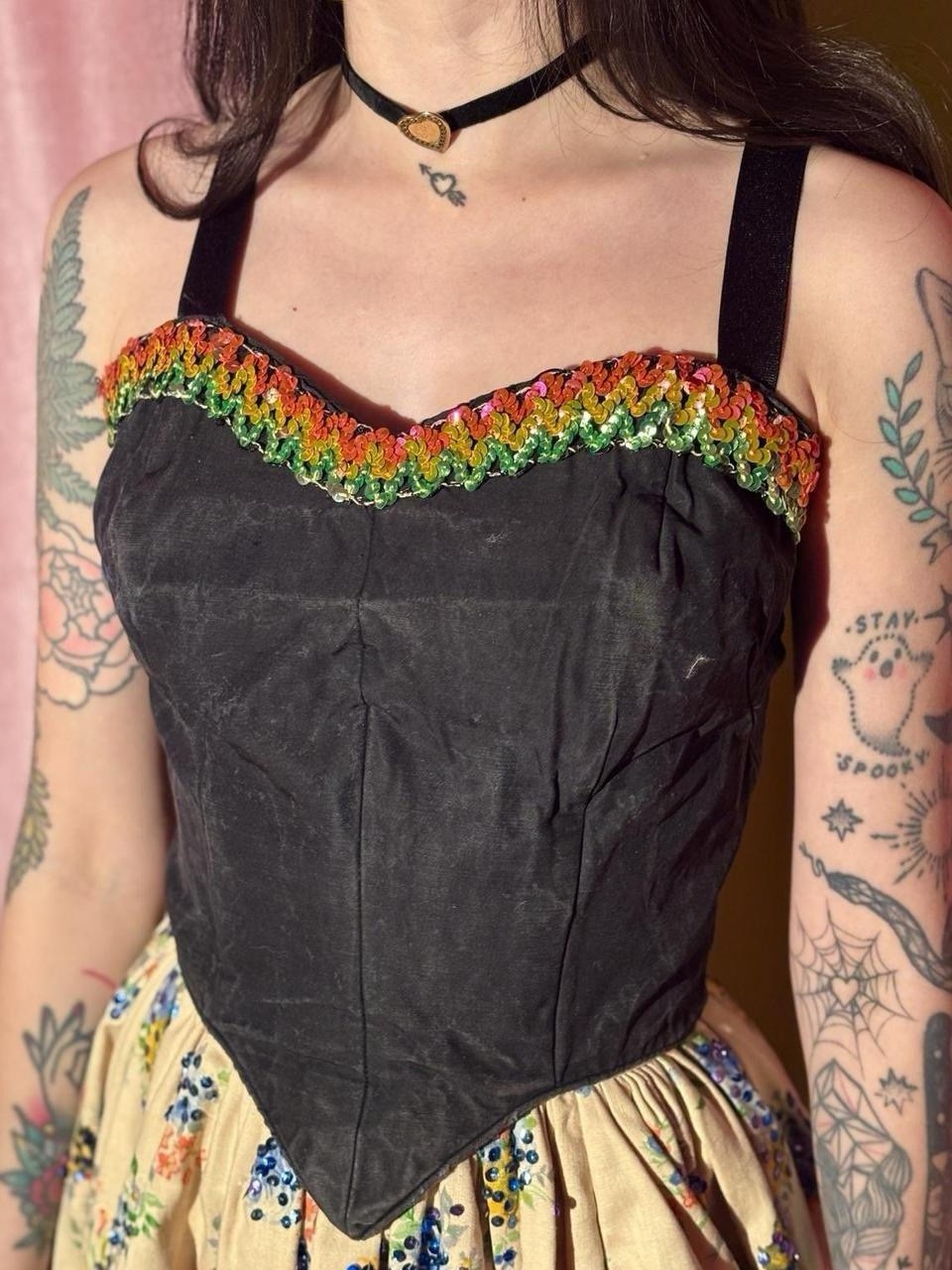 1940s–50s Showgirl Sequin Trimmed Bodice Top, Black Cotton, Size XS–S