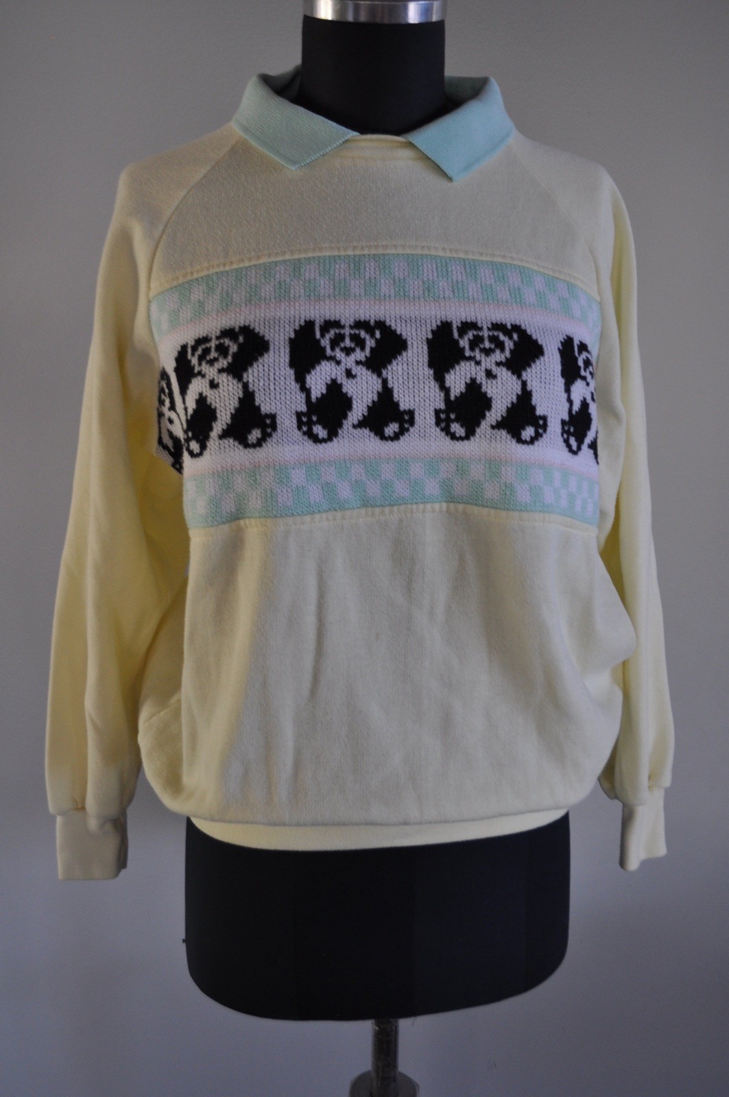 Vintage One Step Up Sweatshirt 1980’s Yellow with Panda Bears Collared Medium