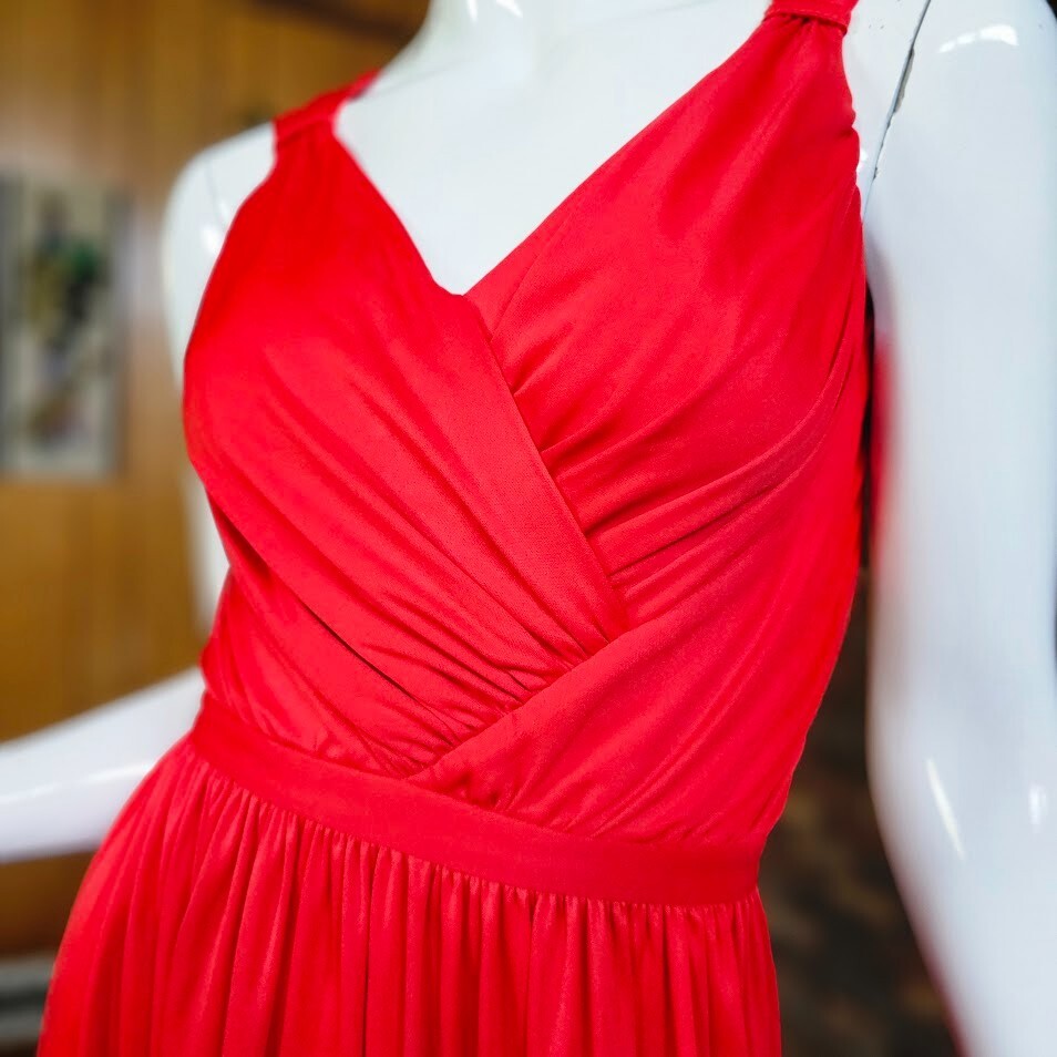 Vintage 70s Disco Cut Out Backless Red Draped Jersey Maxi Bra Dress Gown XS/S