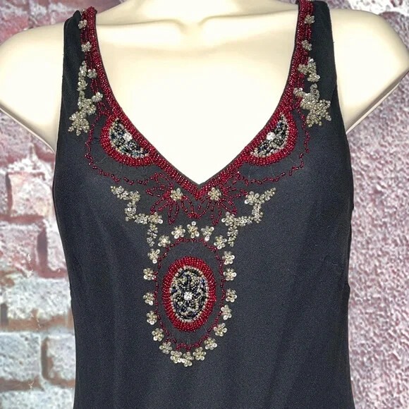Vintage Vera Cristina Beaded Black Silk Drop Waist Dress Size 8 EUC