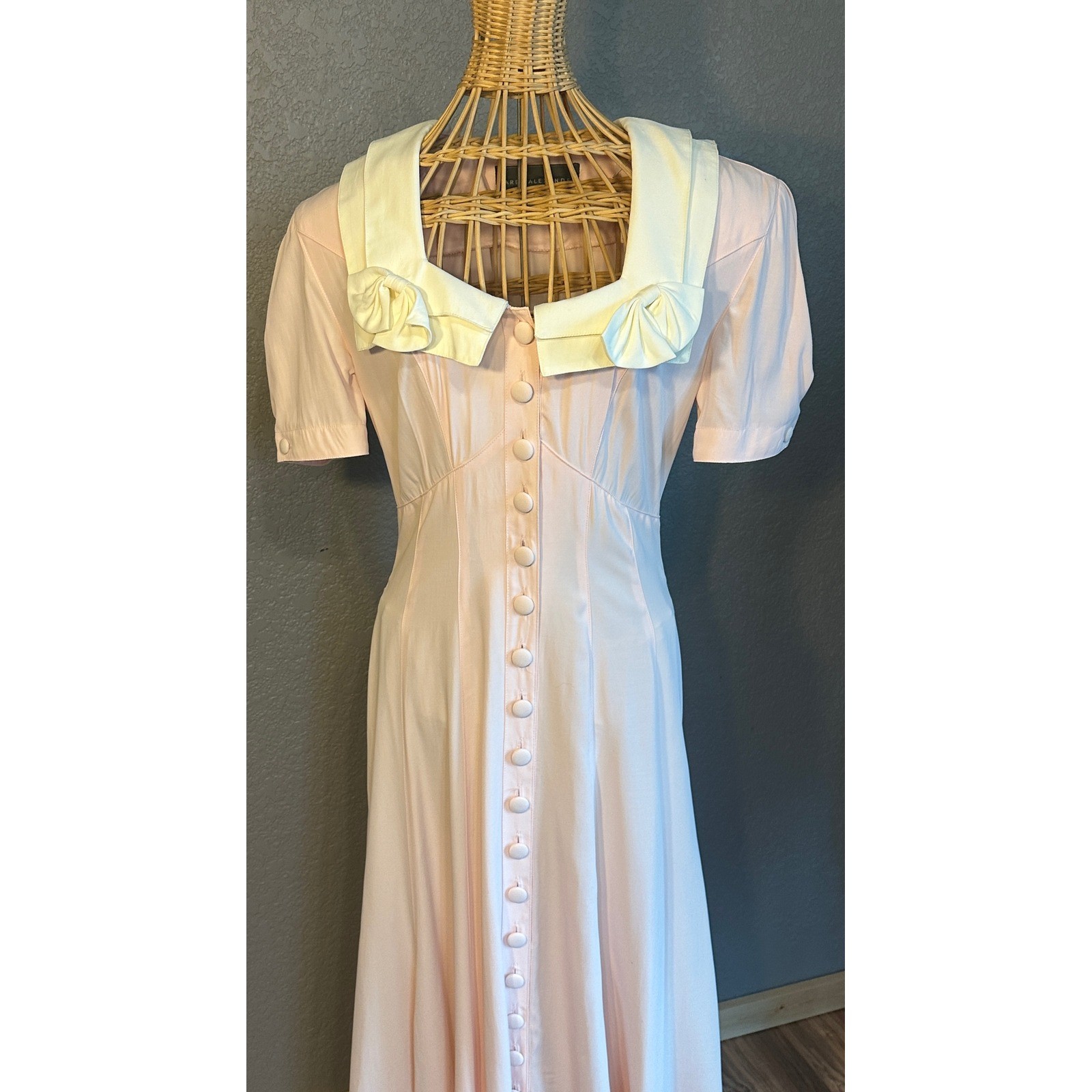 Vtg Karen Alexander 8 Pink Sailor Collar Maxi Dress Bows Button up Cottagecore