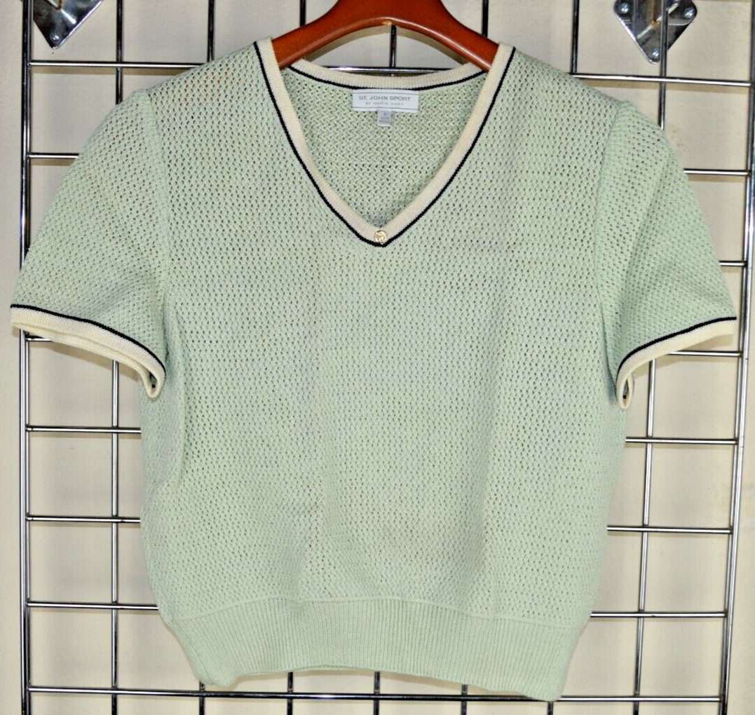 Vintage St John Knit Sweater Size S/M 80s Pale Mint Green Ivory Black Trim