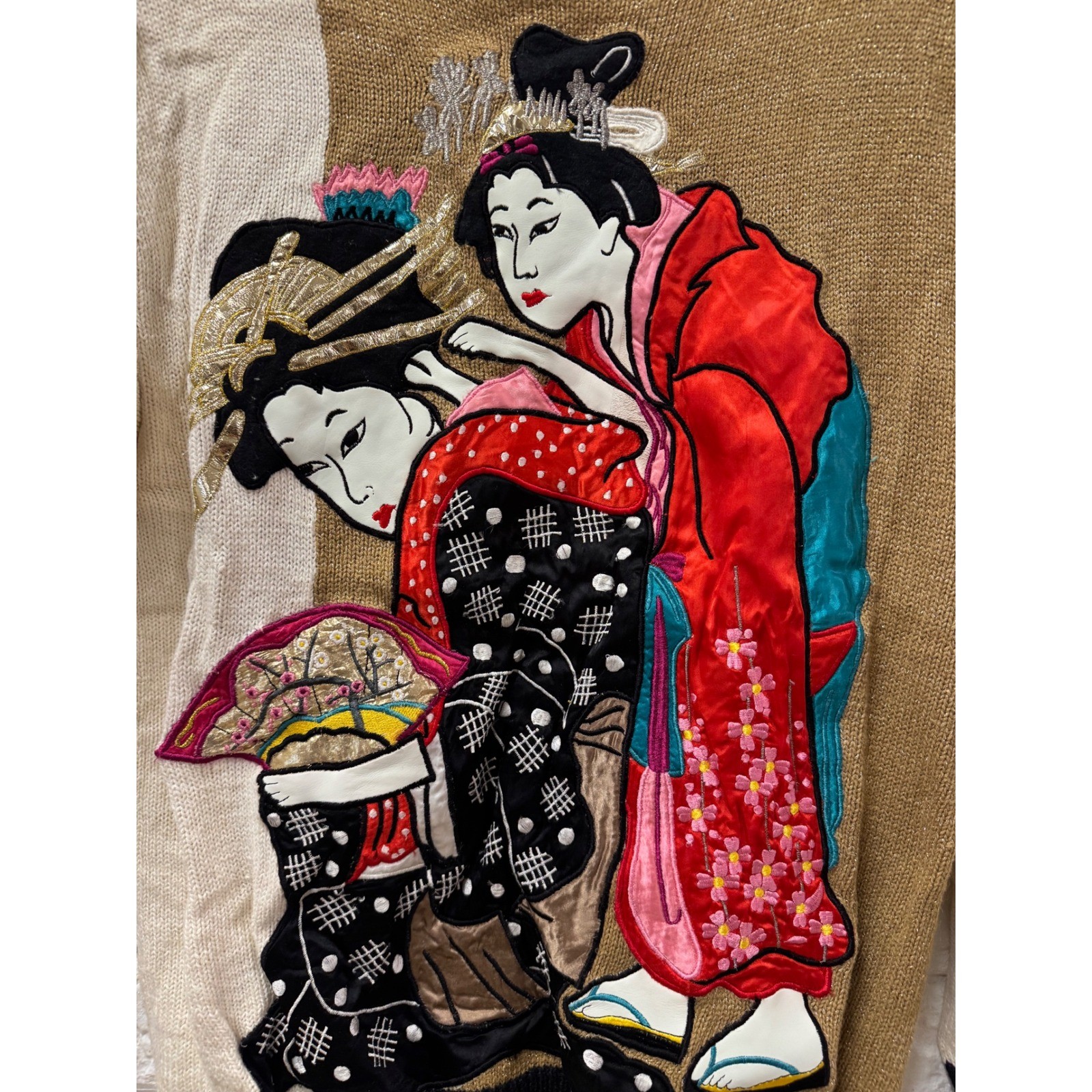 Vintage 1986 Bonnie Boerer Geisha Embroidered Knit Sweater Metallic Tan Cream S