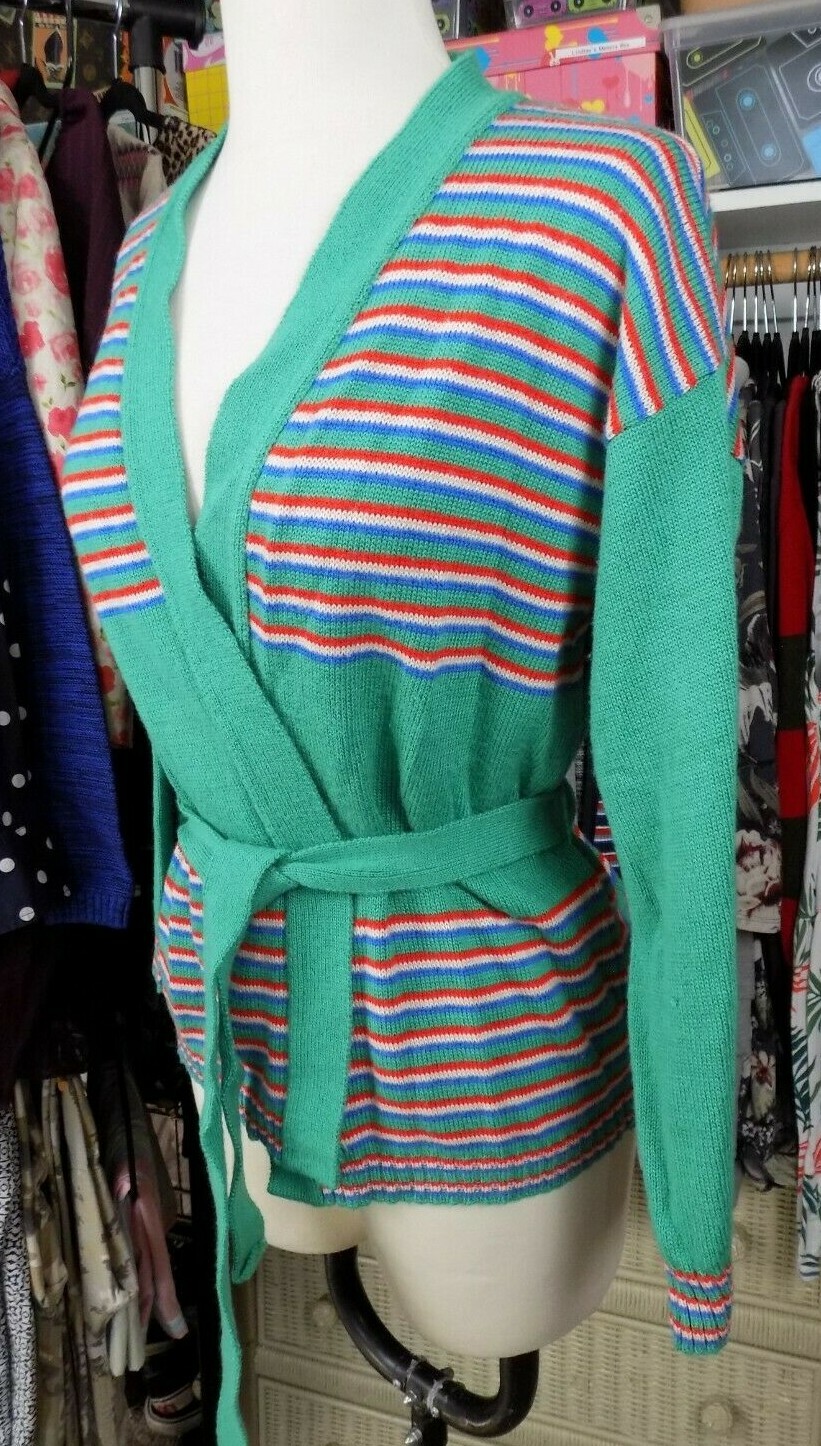 Vintage Sears Mates Junior Bizaar Green Red White Blue Striped Cardigan Medium