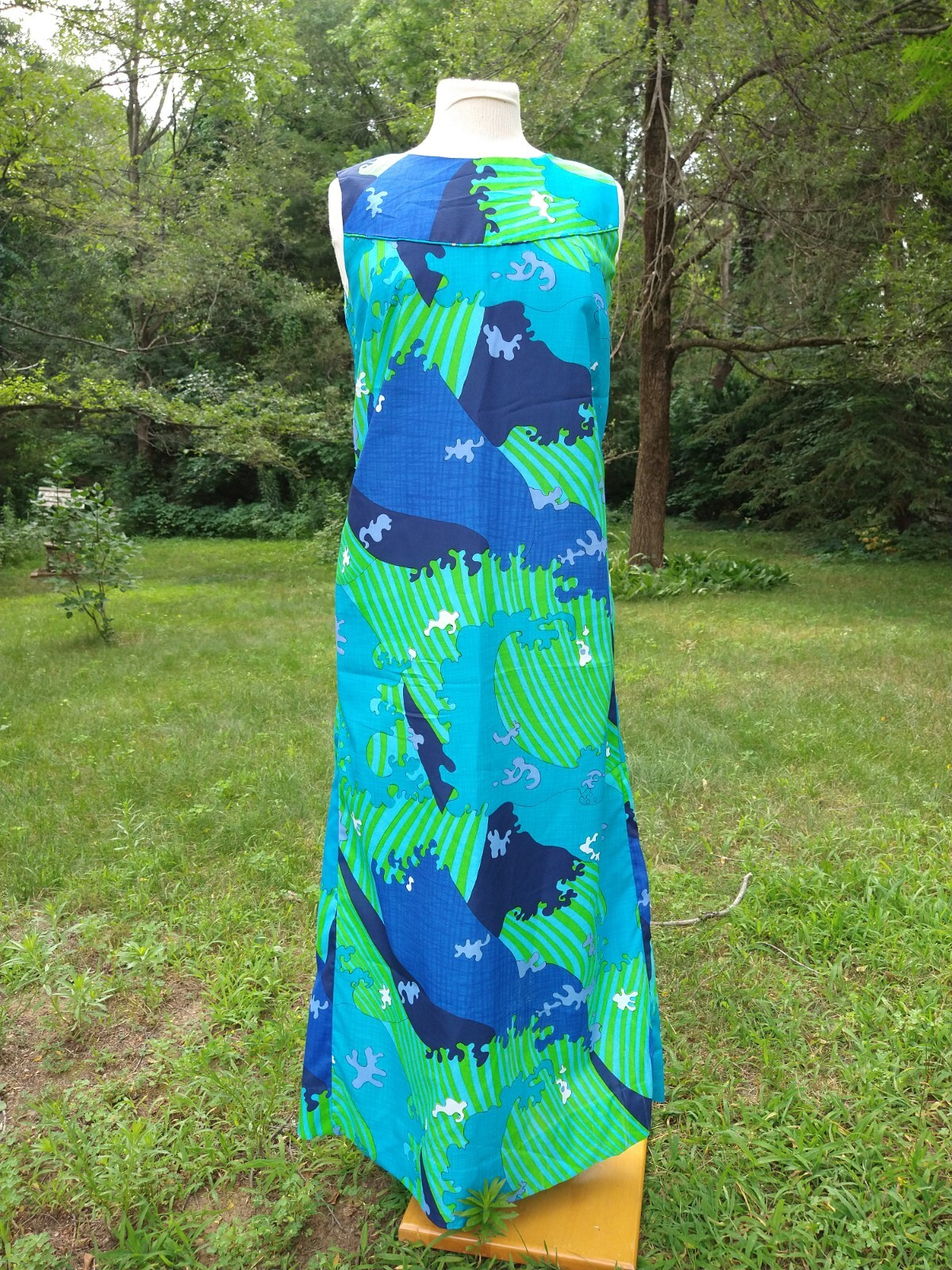 Vintage 1960s Paradise Hawaii Maxi Dress Blue Green White