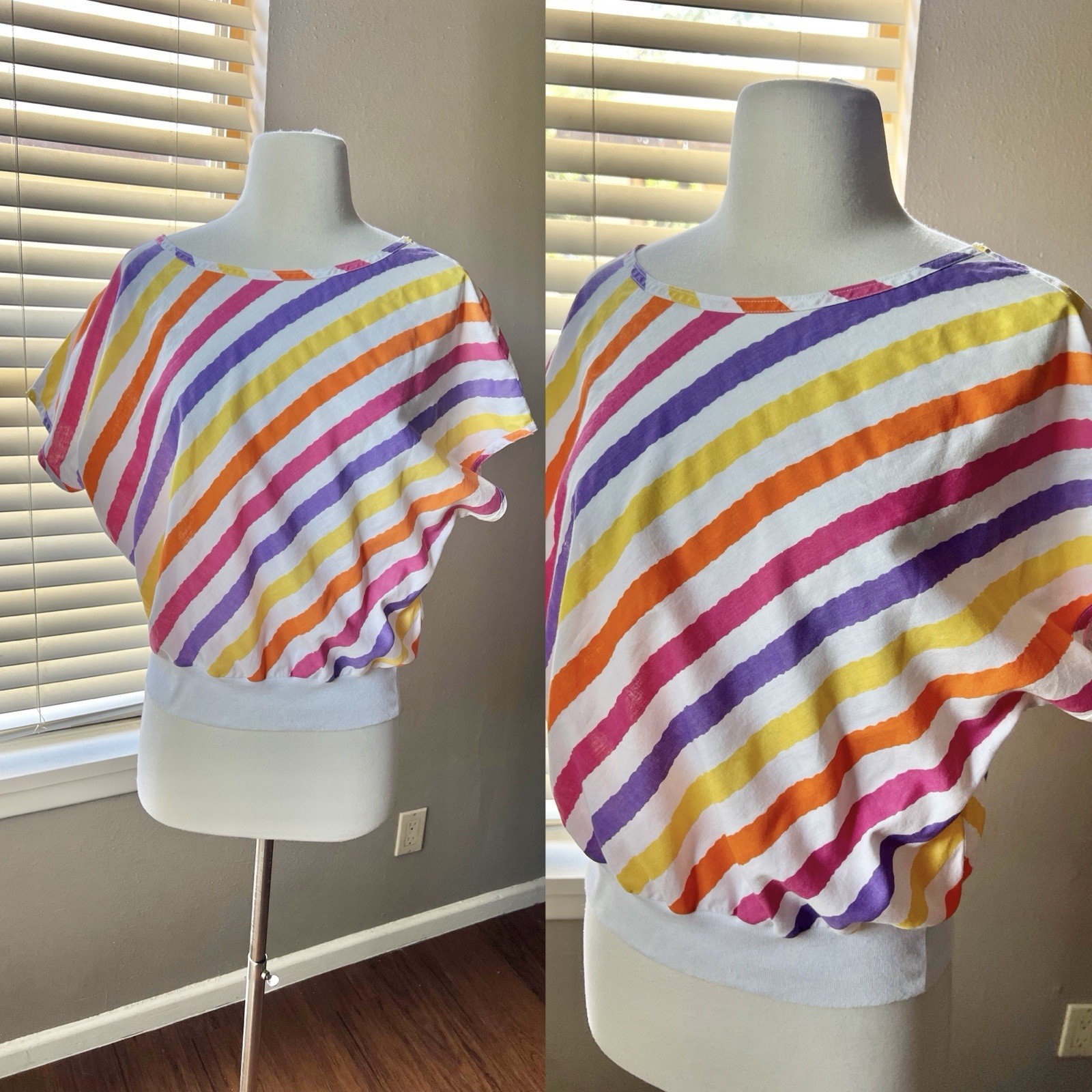 Vintage 80s 90s Fritzi Shirt Large Womens Stripe Multicolor Dolman Sleeve Retro
