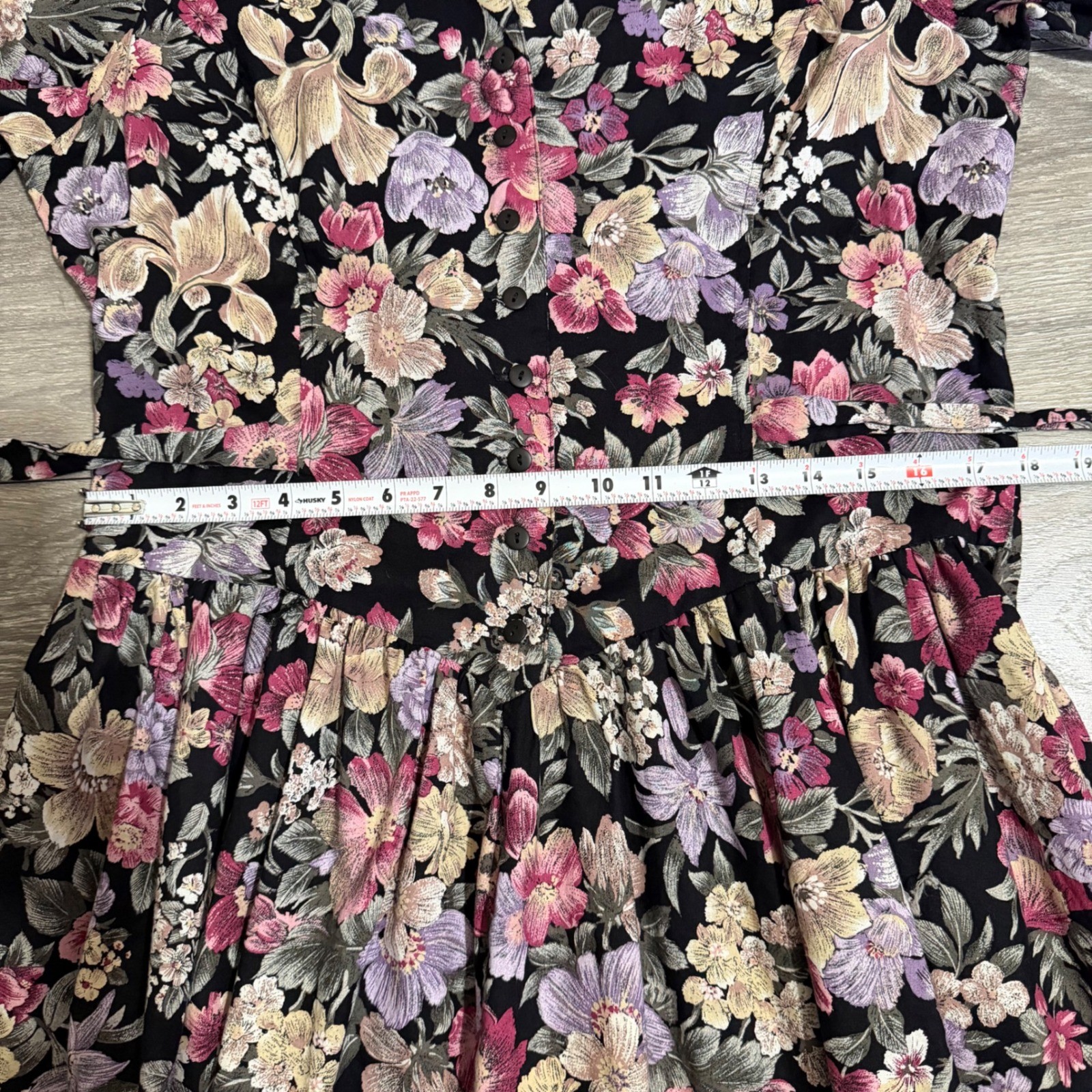 Miss Dorby Vintage 90s Floral Midi Dress L Black Purple Button Front USA Made