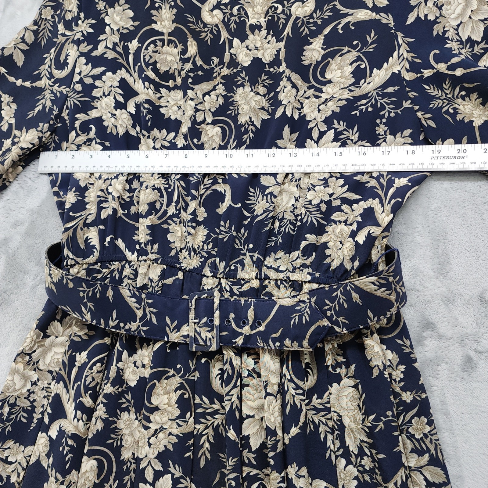 Vintage 80s Pellini by Von Bramlett Dress Size 14 Blue Tan Floral Belted Pleated