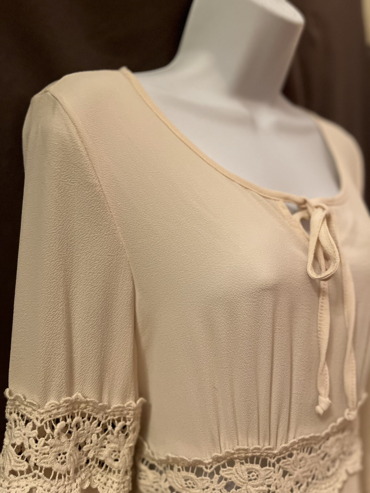 VTG 80s Illa Illa Cream Peasant Boho Gunne Hippie Crochet Lace Mini Dress SZ 8