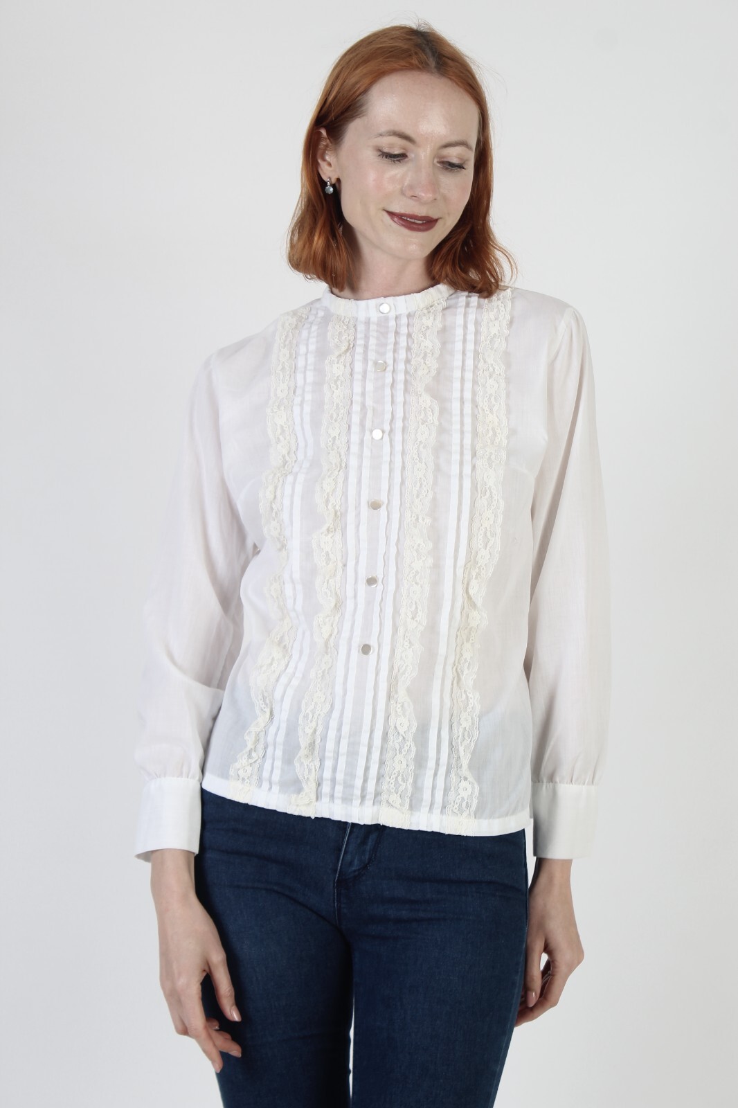 Vtg Off Wht Vertical Pleated Sheer Lace Blouse Victorian Button Up Tunic Shirt