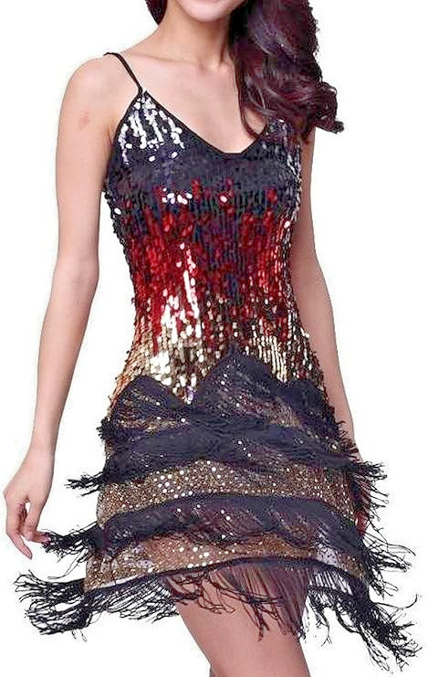 Flapper Gradient Sequin Fringe Party Dress w/Adjustable Straps Size Small