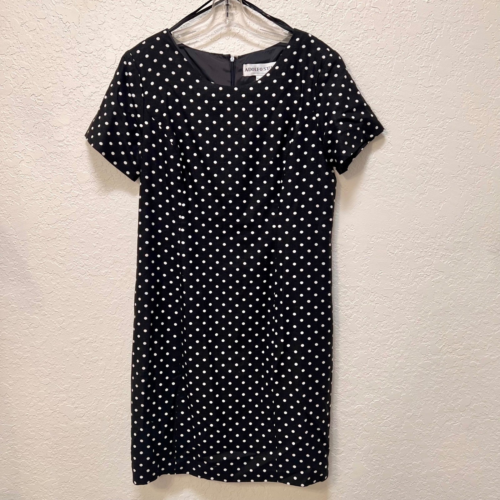 VTG Adolfo Studio Black White Polka Dot Linen Rayon Sheath Dress Size 14