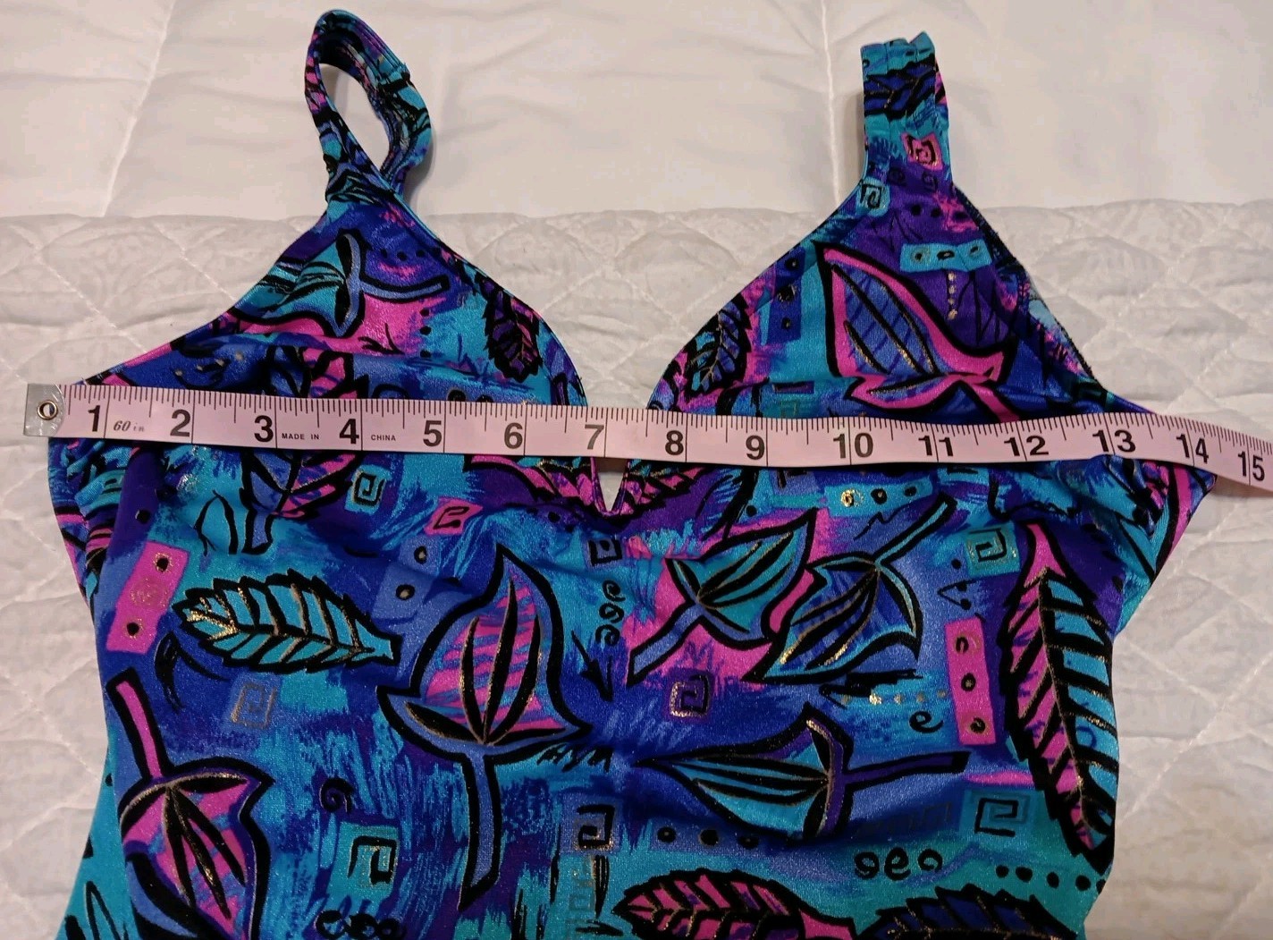 Vtg Jantzen One-Piece Swimsuit, Size 8, Colorful 80s Design, USA, Teal, Purple