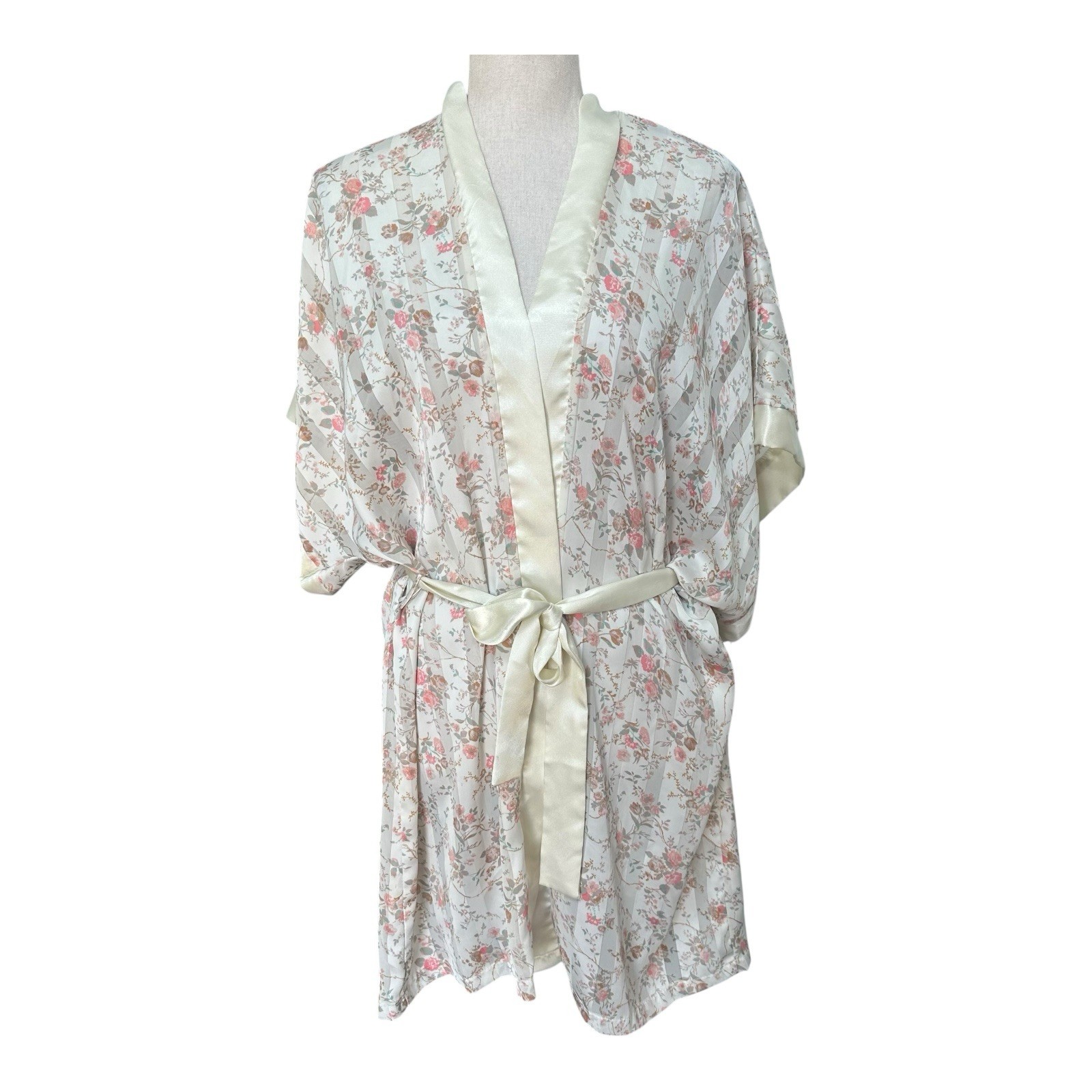 Vintage Circa 2000 Romantic Satin Floral Short Robe Kimono Small Made in USA
