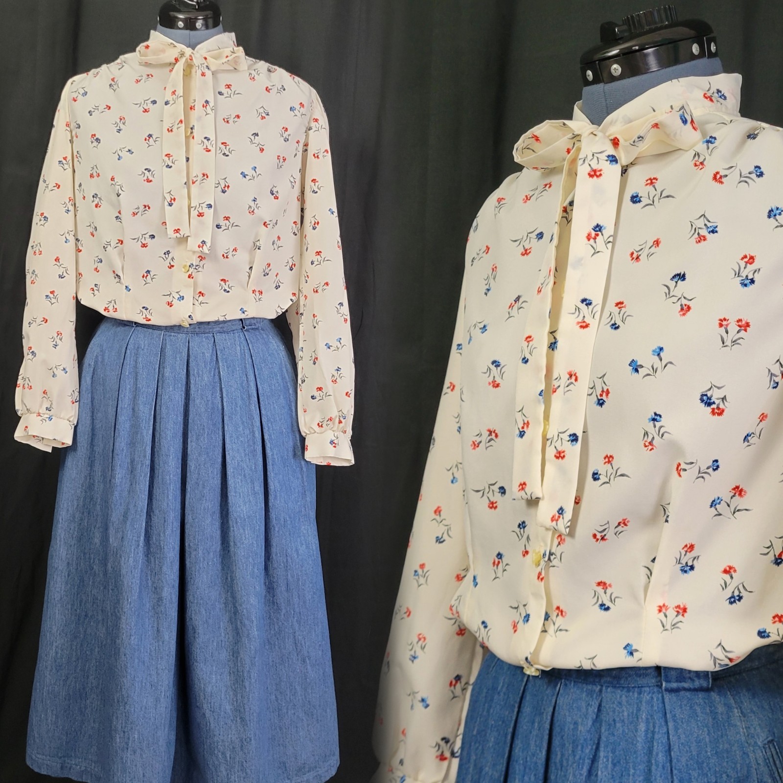 Vintage Lady Holiday Cream Button Down Blouse w Blue & Red Florals Size M/L?