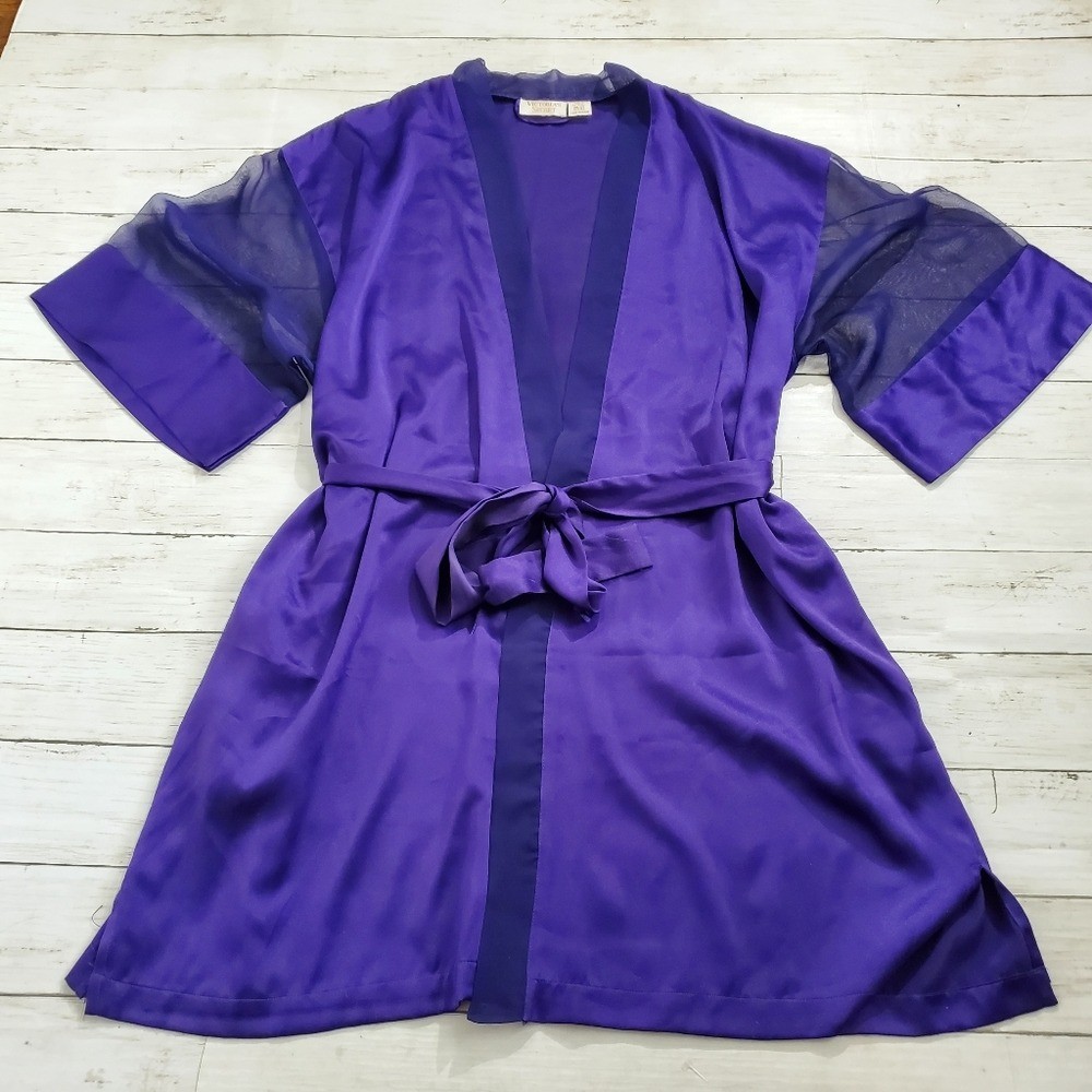Vintage gold label victoria’s secret satin robe royal purple w/ sash mesh arms