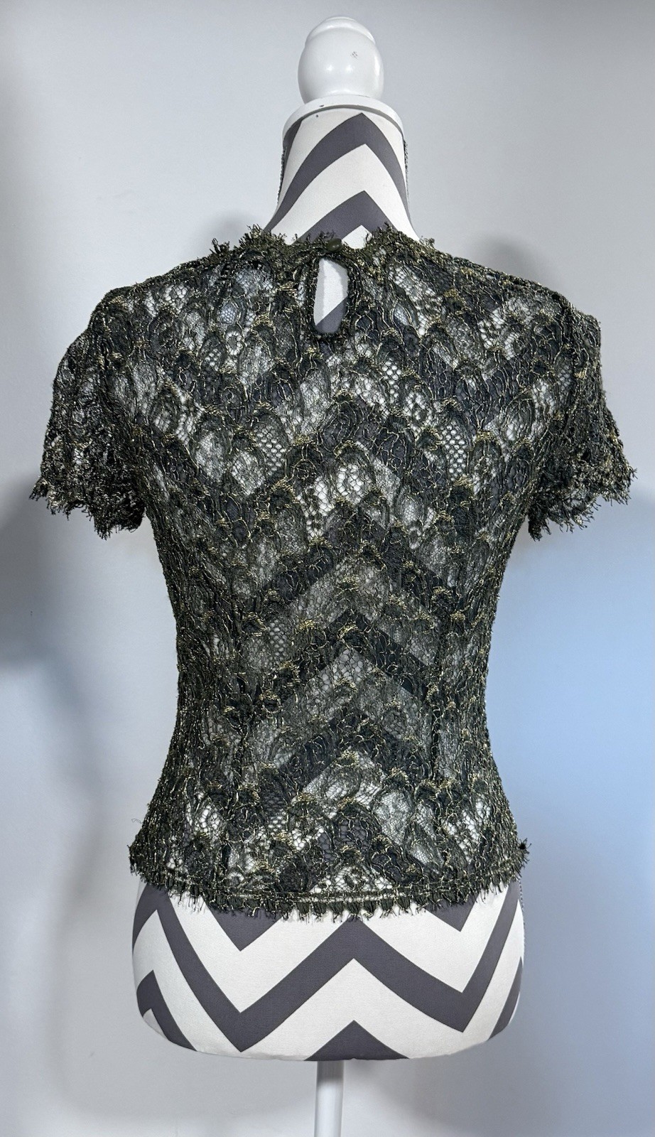 Carlisle Vintage Women’s Green Gold Metallic Lace Whimsigoth Blouse Size 8 EUC