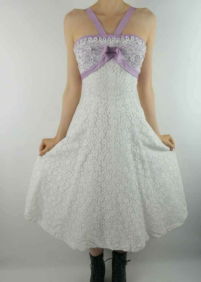 Vintage 1950s White Lace and Lavender Dress – Halter Wedding Party Cocktail Gown