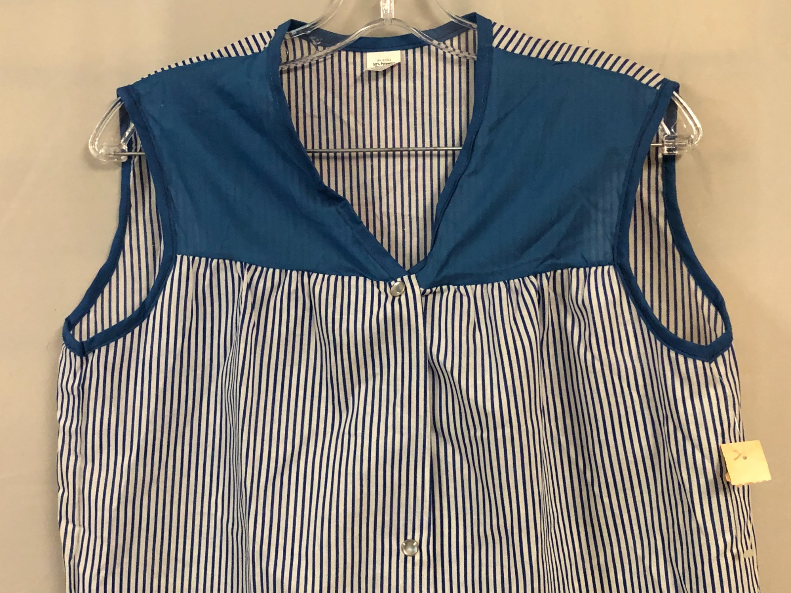 Vintage 1980s White & Blue M/L Striped Smock Top Snap Closure NOS Deep Pockets