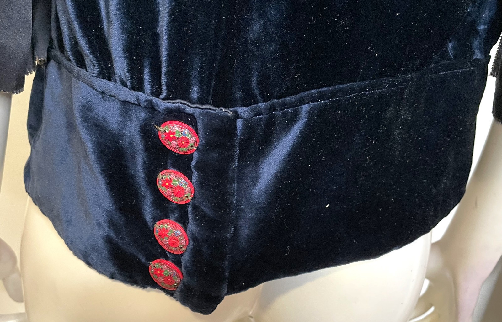 Antique 20s Art Deco Navy Blue Velvet Jacket S M Beaded Trim Button Detail