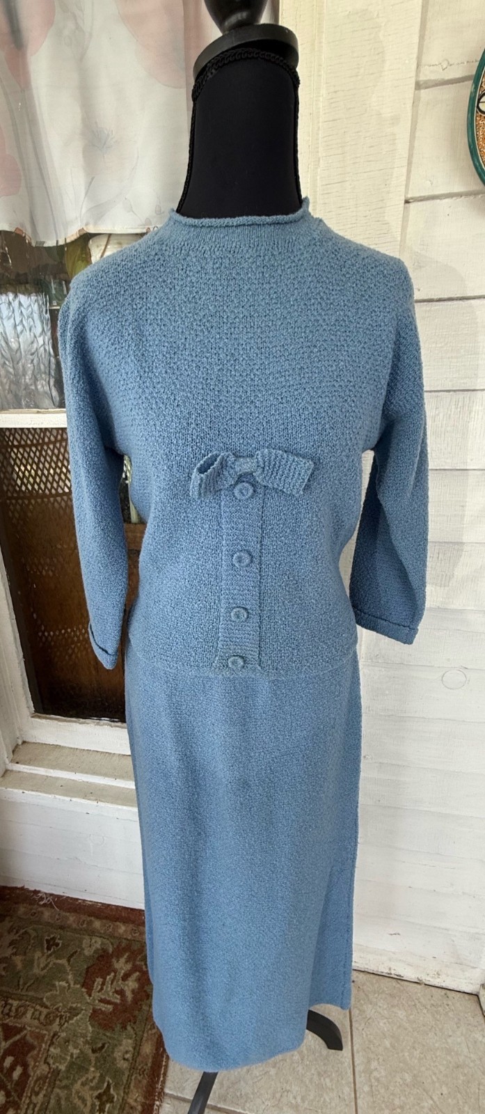 Vintage 50s Kimberly Knits Wool Sweater Top Skirt Set Blue Size S/M