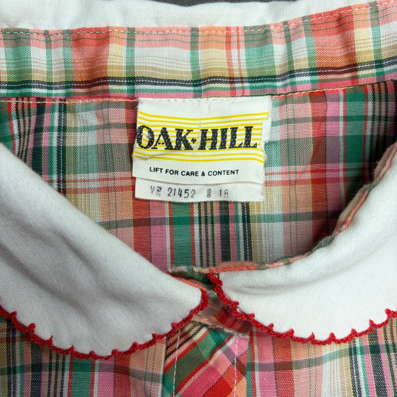 Oak Hill Plaid Blouse Women 18 Red Pink Scalloped Peter Pan Collar Puff Sleeve