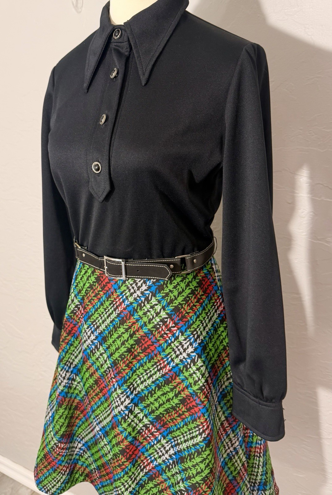 Vintage Mod 60s Black And Plaid Belted Dress Women’s Medium
