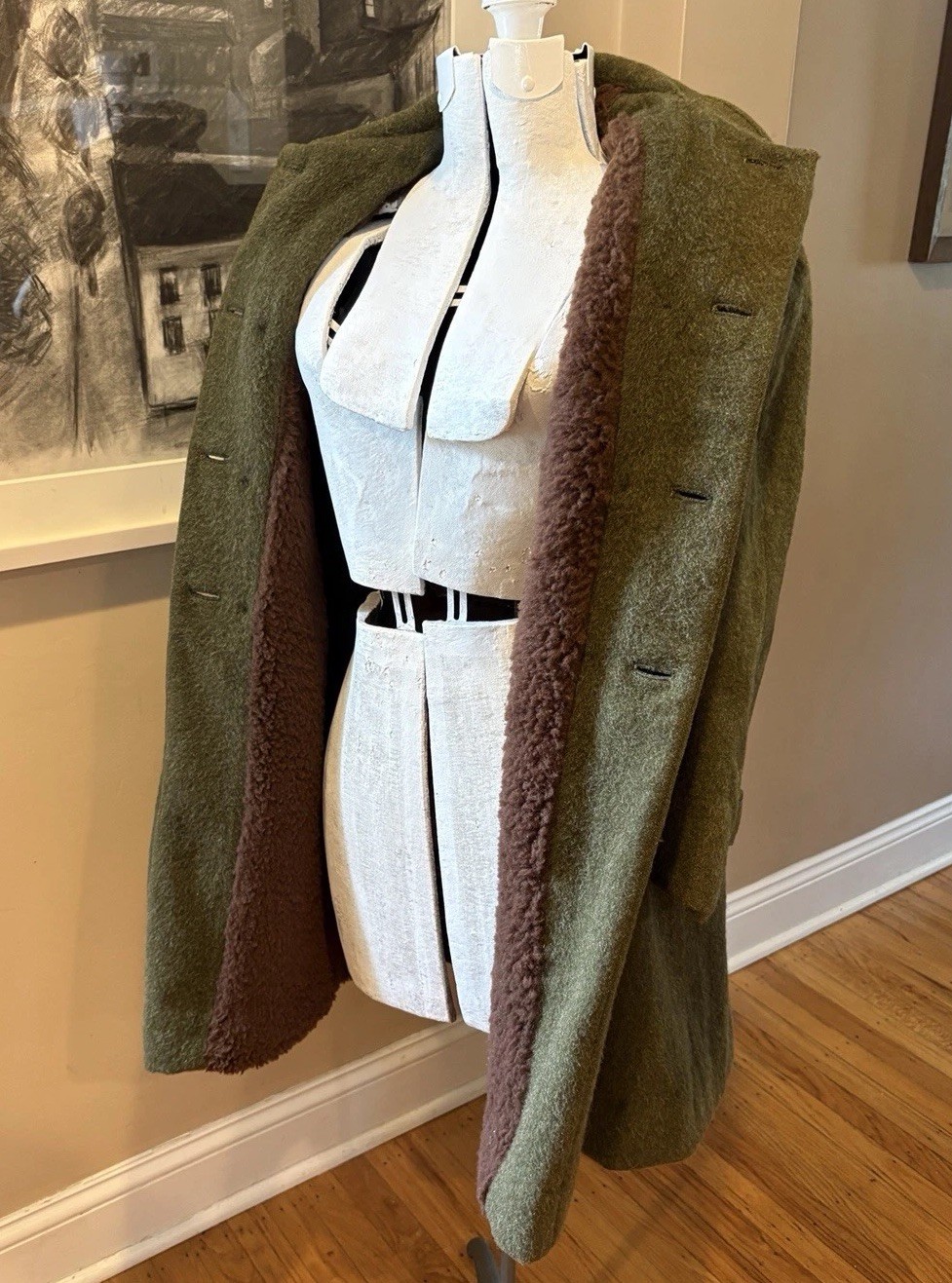 Vintage 1960’s Wool Loden Green Brown Sherpa Lined English Coat Med Small Read