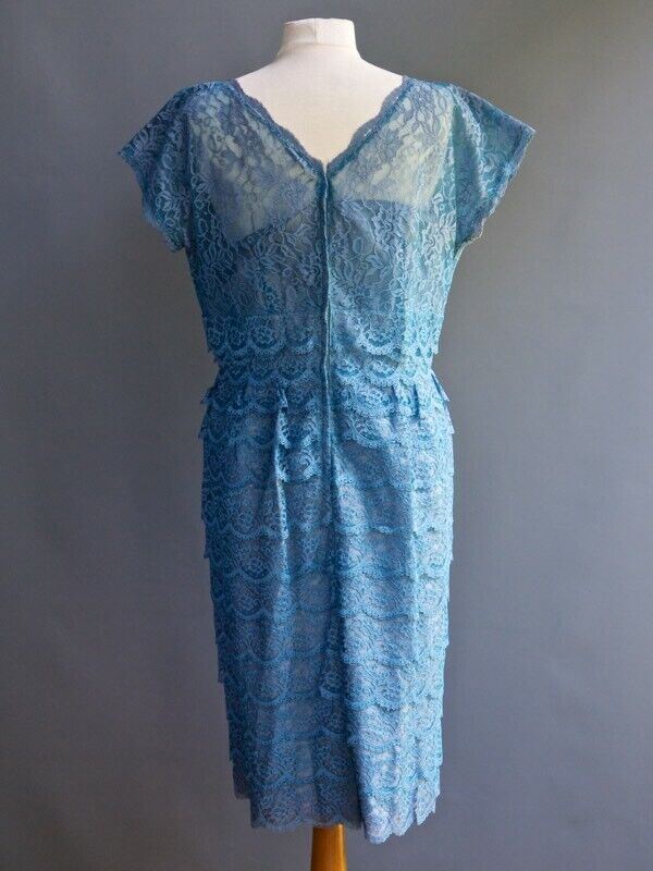 VTG 50s 60s Ferman O’Grady Blue Bombshell Pin Up Starlet Tiered Lace Dress L XL