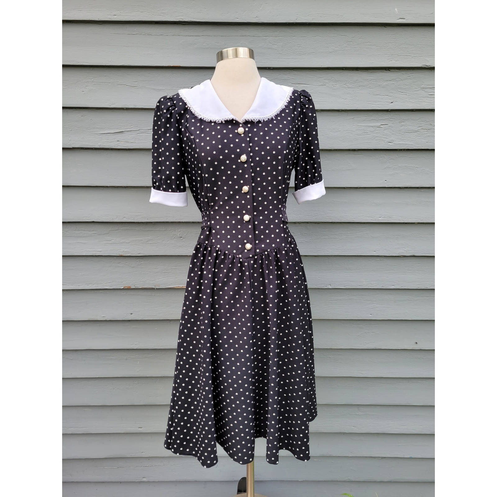 Whirlaway Dress Black White Polka Dot Peter Pan Collar Vintage 40s Style Small
