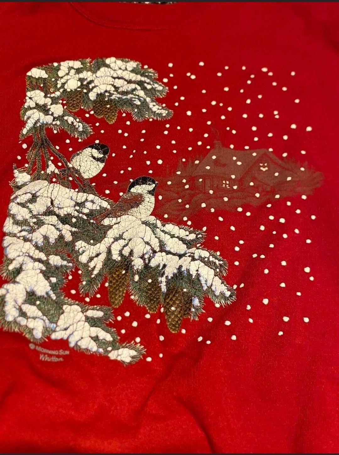 Vintage Women’s 90’s Morning Sun Pullover Bird Snowflakes Sweatshirt Sz XL Red