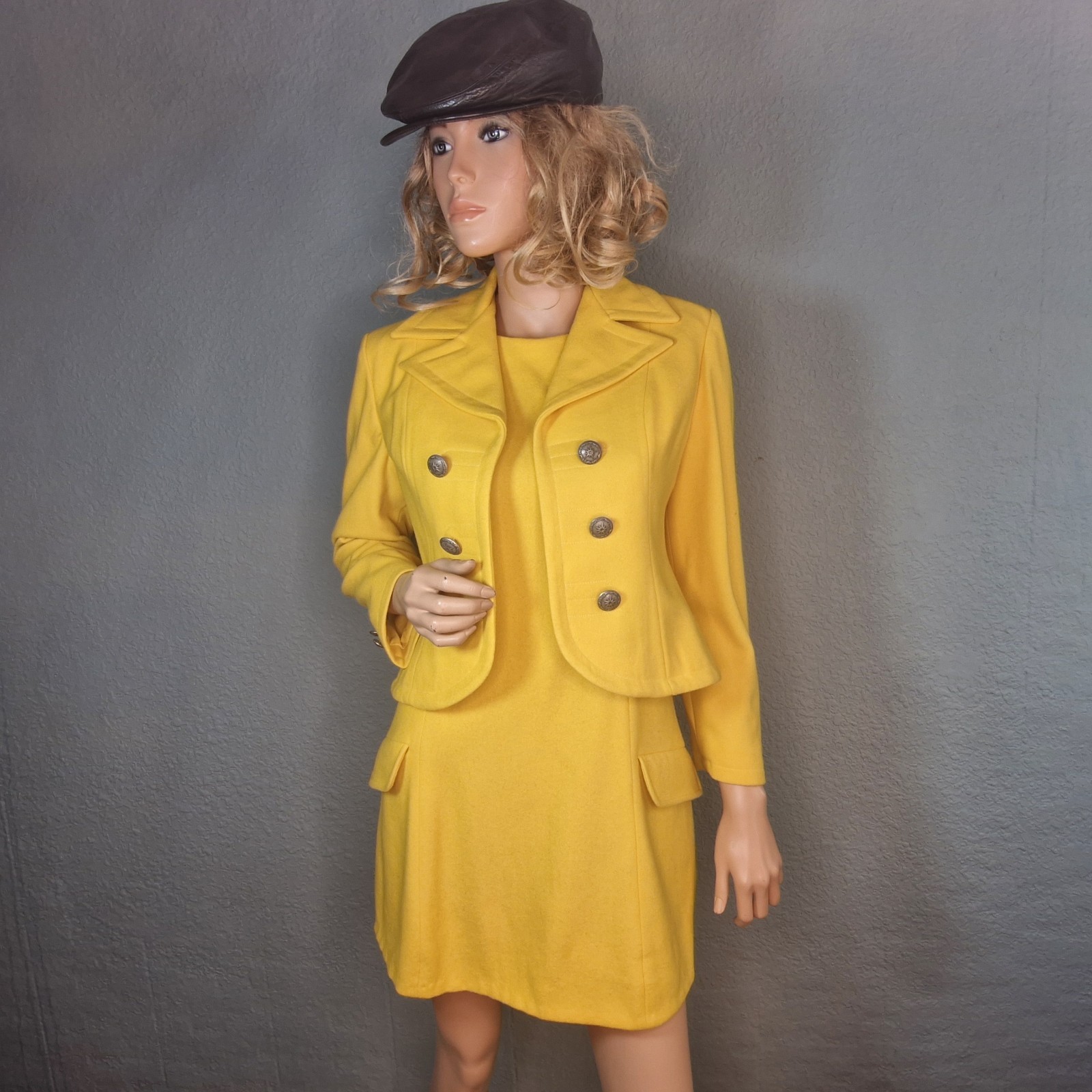 60’s Designer Mod Go Go Lemon Yellow Wool Suit Dress Mini Dress & Jacket RARE SM