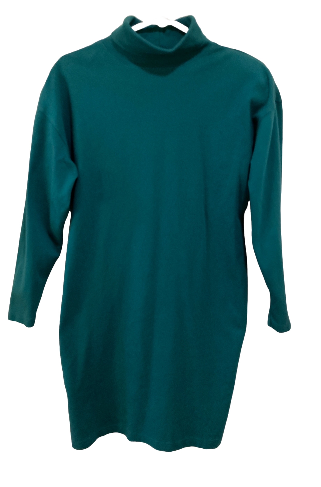 Vintage Fads Dark Aqua Green Turtleneck L/S Cotton Dress Size Large Shoulder Pad