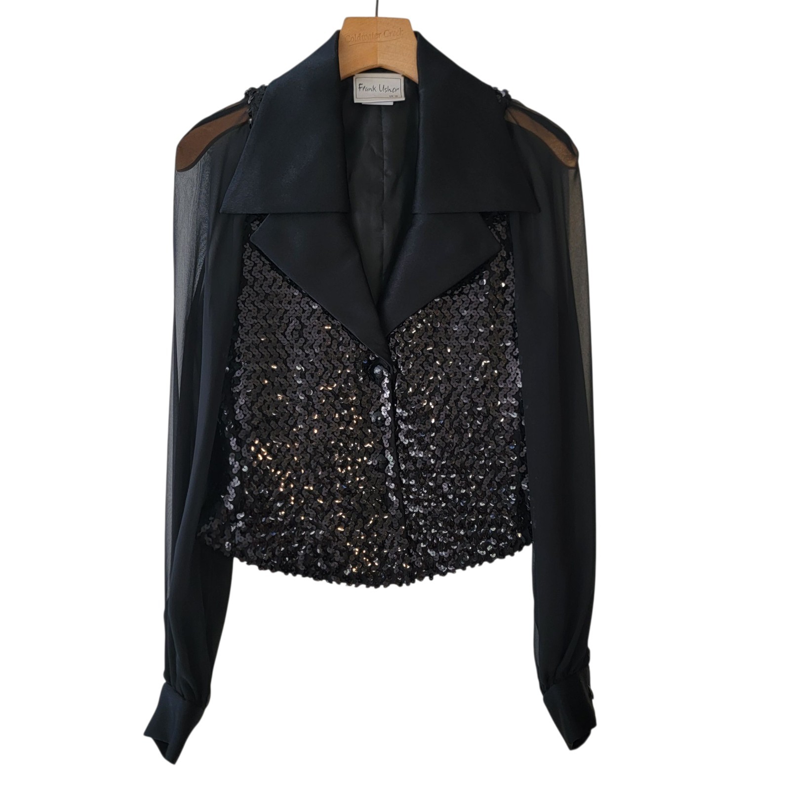Vintage Frank Usher Sequin Top Sheer Arms Tuxedo Look Top US 8 UK 12 Designer