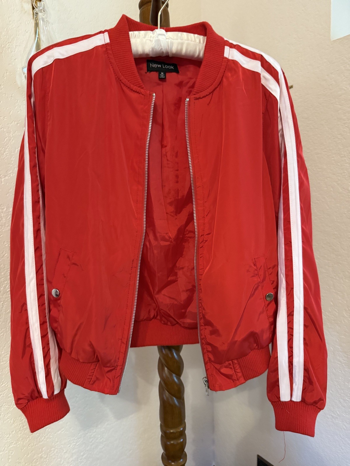 Vintage 1980s New Look Red Track Jacket White Stripes Zip Front NWOT
