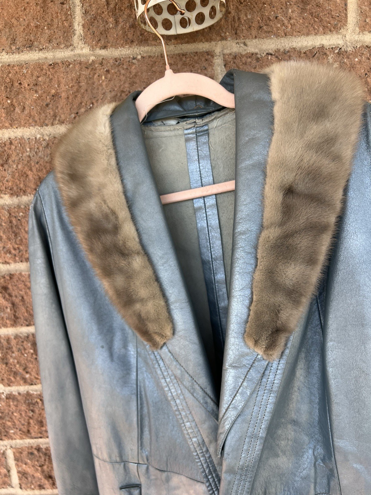 Vintage Shiny Blue Leather Coat w/ Fur Collar – No Lining or Brand, Still Sweet