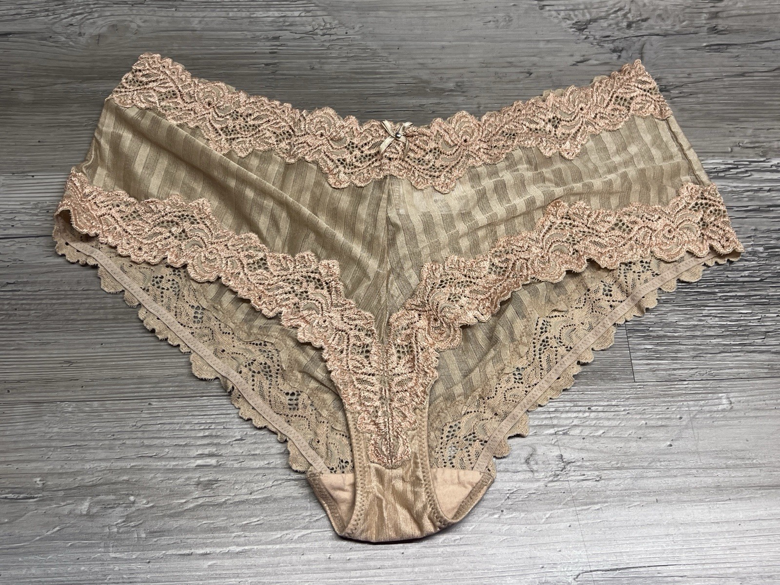 Vintage Whimsy Sheer Bikini Hip Hugger Panties 8 XL Beige Lingerie Lace Trim #1