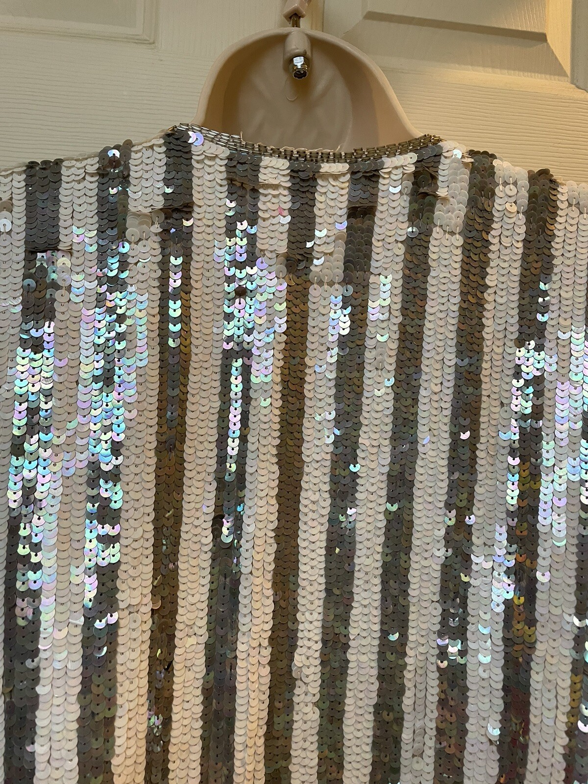 Vintage Sequin Jacket Shrug Silver White Blue Striped And Diamonds Deco Style