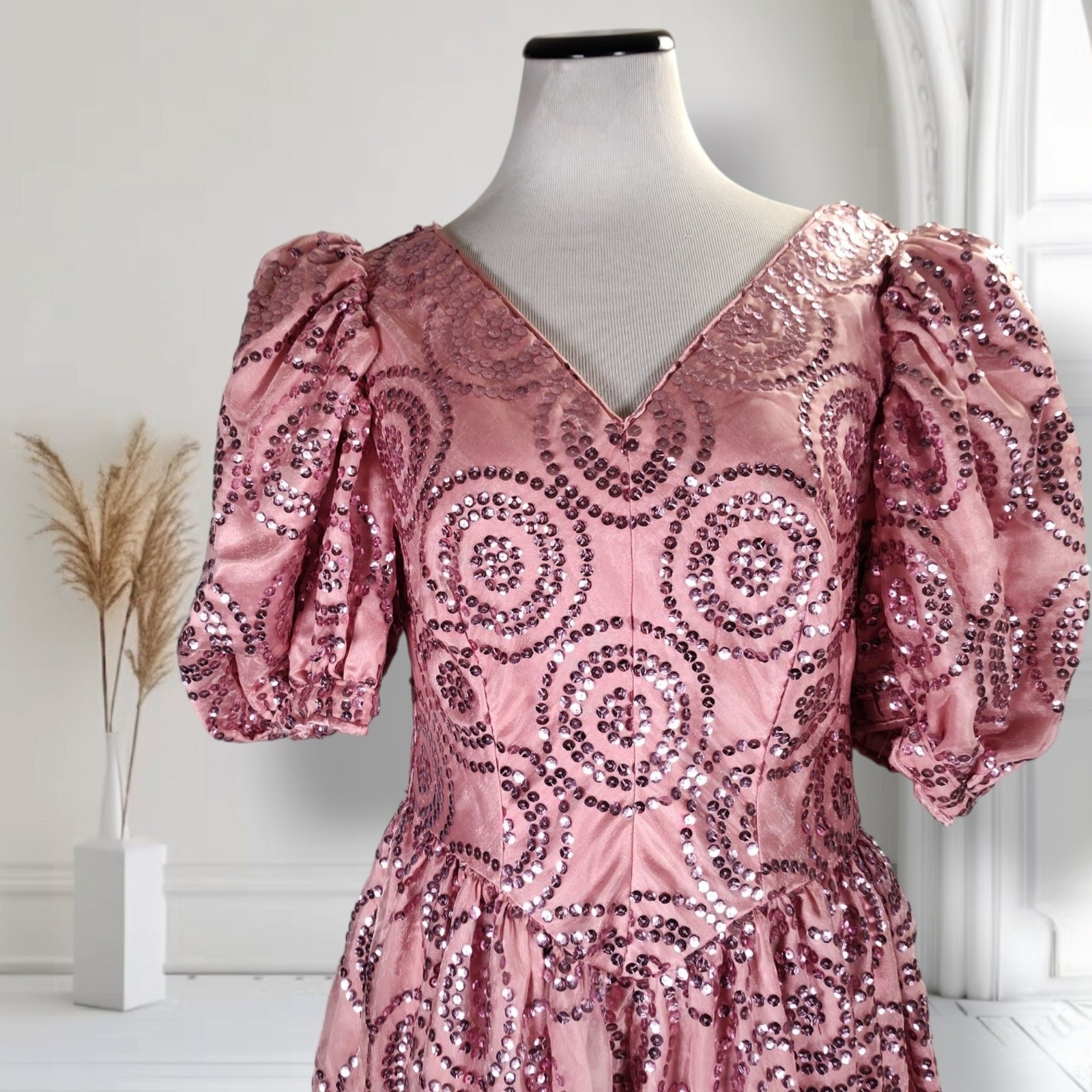 Vintage 80s Pink Sequin Formal Dress Size 12 Puff Sleeve Basque Waist