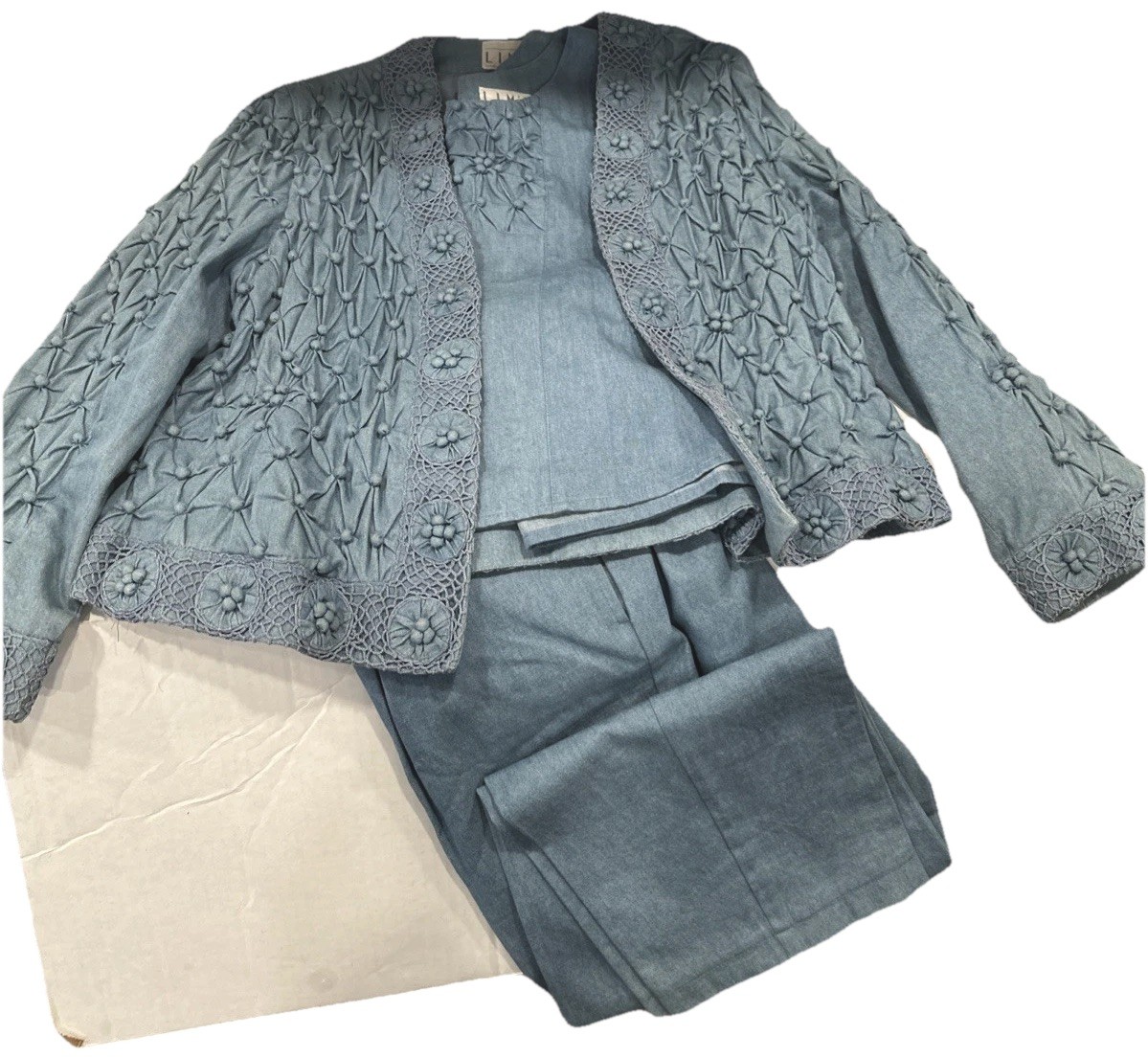 VTG Women’s Lim’s Blue 3 Piece Crochet Pants Suit GrannyCore Cotton USA Sz PL