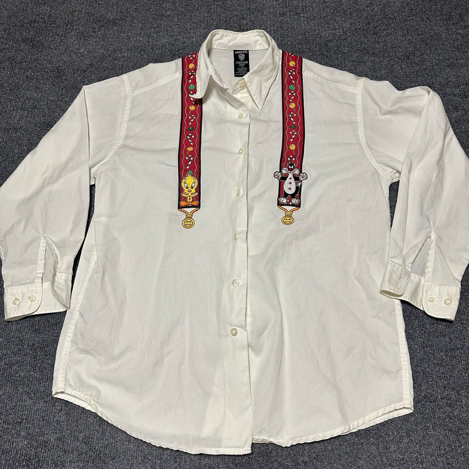 Warner Bros Looney Tunes Christmas Suspenders Shirt White Vintage Tweety Taz S
