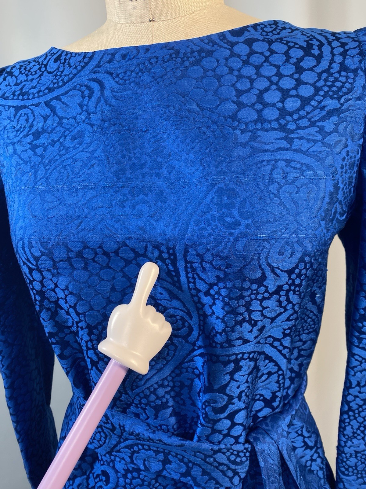 Vintage Dress SIZE LARGE blue Thai silk jacquard long sleeve 80s 90s handmade