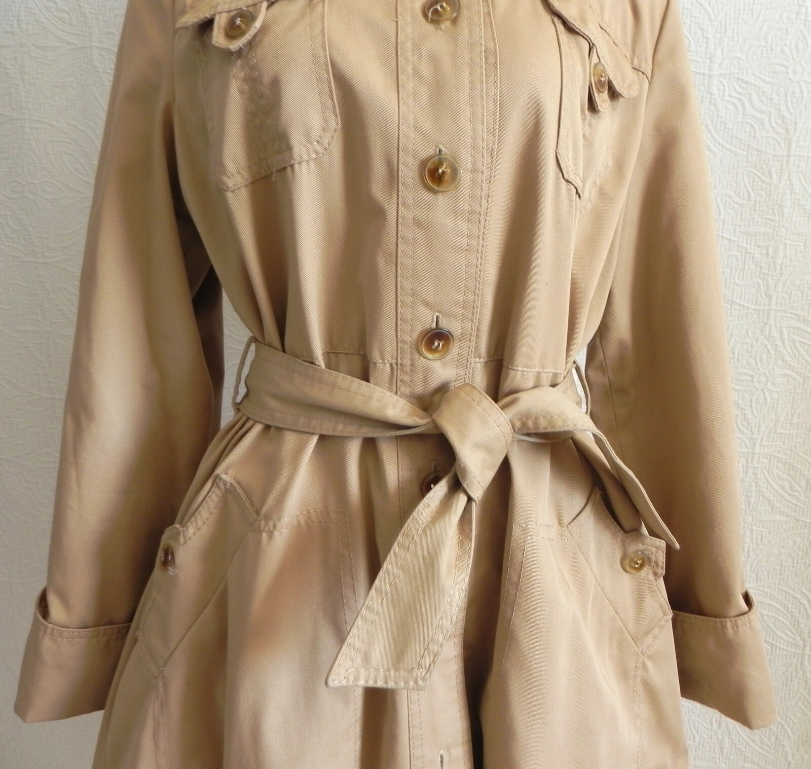 Vtg Made in Japan Trench Coat Khaki Midi Belted Pockets Cotton Blend Size S