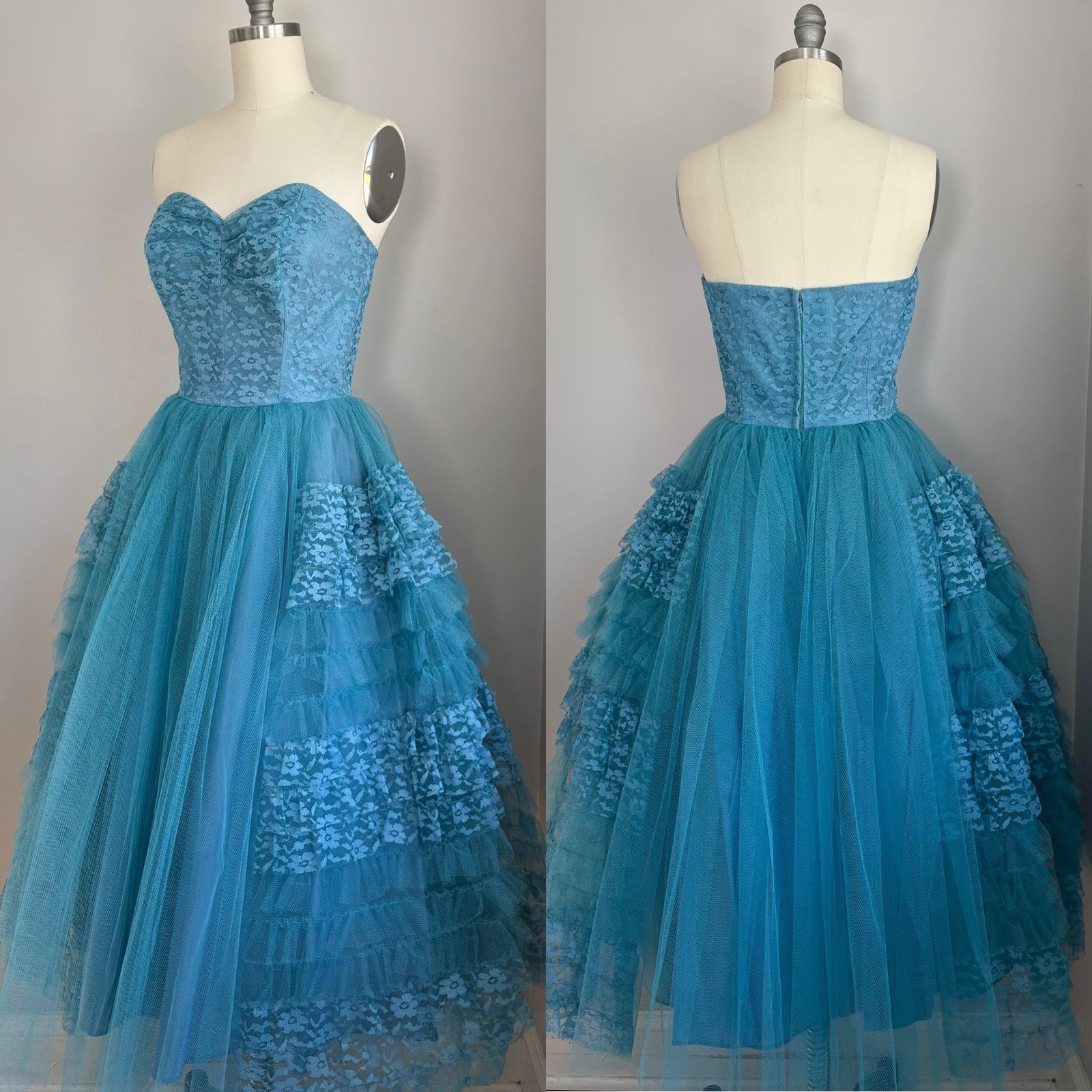 Vintage 1950’s Blue Ruffled Tulle & Lace Strapless Cupcake Prom Party Dress XS