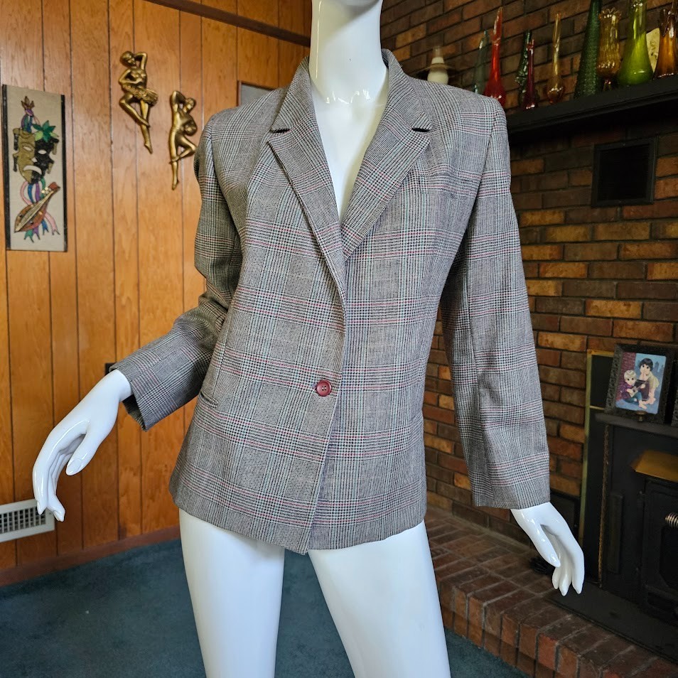 Vintage 80s Menswear Inspired Plaid Wool Single Breast Power Suit Blazer M/L