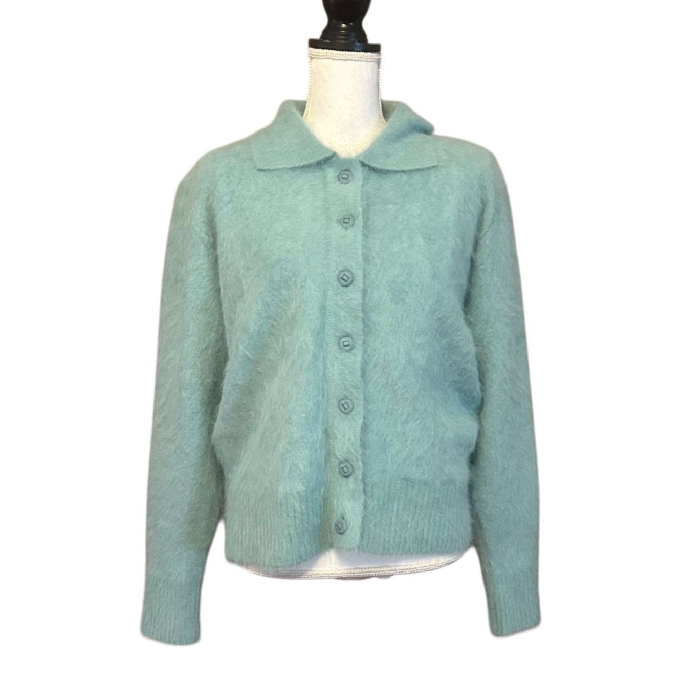 Vintage Venesha Angora Button Down Cardigan Sweater with Collar Sz Large Green
